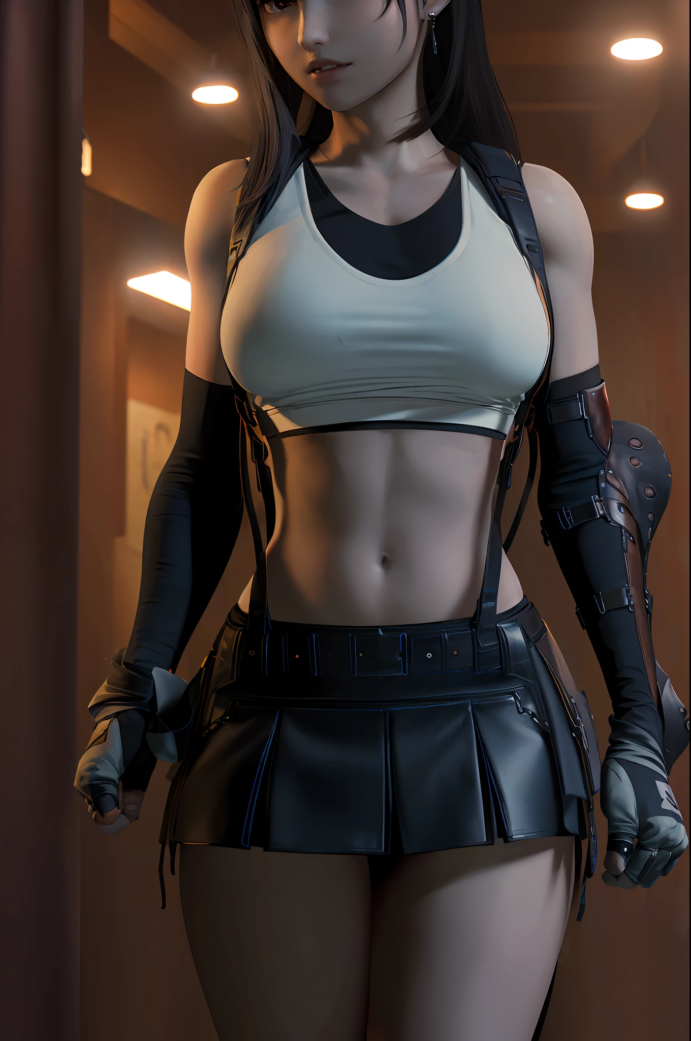 (8k, best quality, masterpiece:1.2), (realistic, photo-realistic:1.3), 1girl, huge breasts, night, street, front, suspender black skirt, elbow gloves, cinematic lighting,