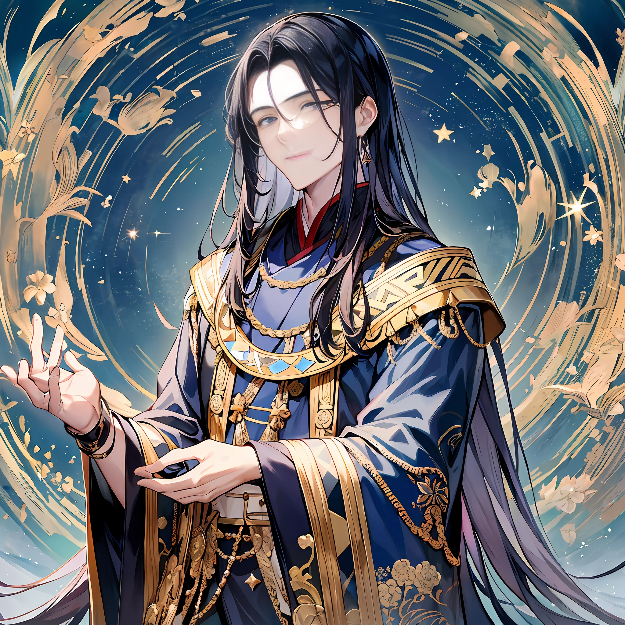 Emperor Xingyu was still a calm person, his eyes cold and elusive. He still wears a dark blue robe embroidered with many star motifs. His long black hair was still draped over his shoulders, and he looked a little haughty. In addition, he still wears a diamond in his hair and a white gold bracelet with a star pattern, which exudes a sense of gorgeousness that is difficult to ignore. He may be on a star's observatory, surrounded by a starry universe.