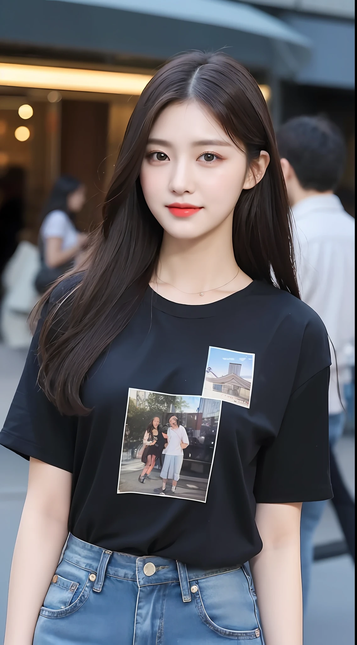 20 years old, slightly chubby and pure beauty, danfeng eyes, double eyelids, lying silkworm, long eyelashes, black eyes, deep black hair, graceful body, showing slender waist, casual T-shirt, new perfect jeans, face highlight, smile, look at me, bust photo, background, city night scene, Tyndall light, filter rendering, super fine, HD, HD, HD picture quality, detail, 18k ultra HD resolution, top effect, master work, bust photo.