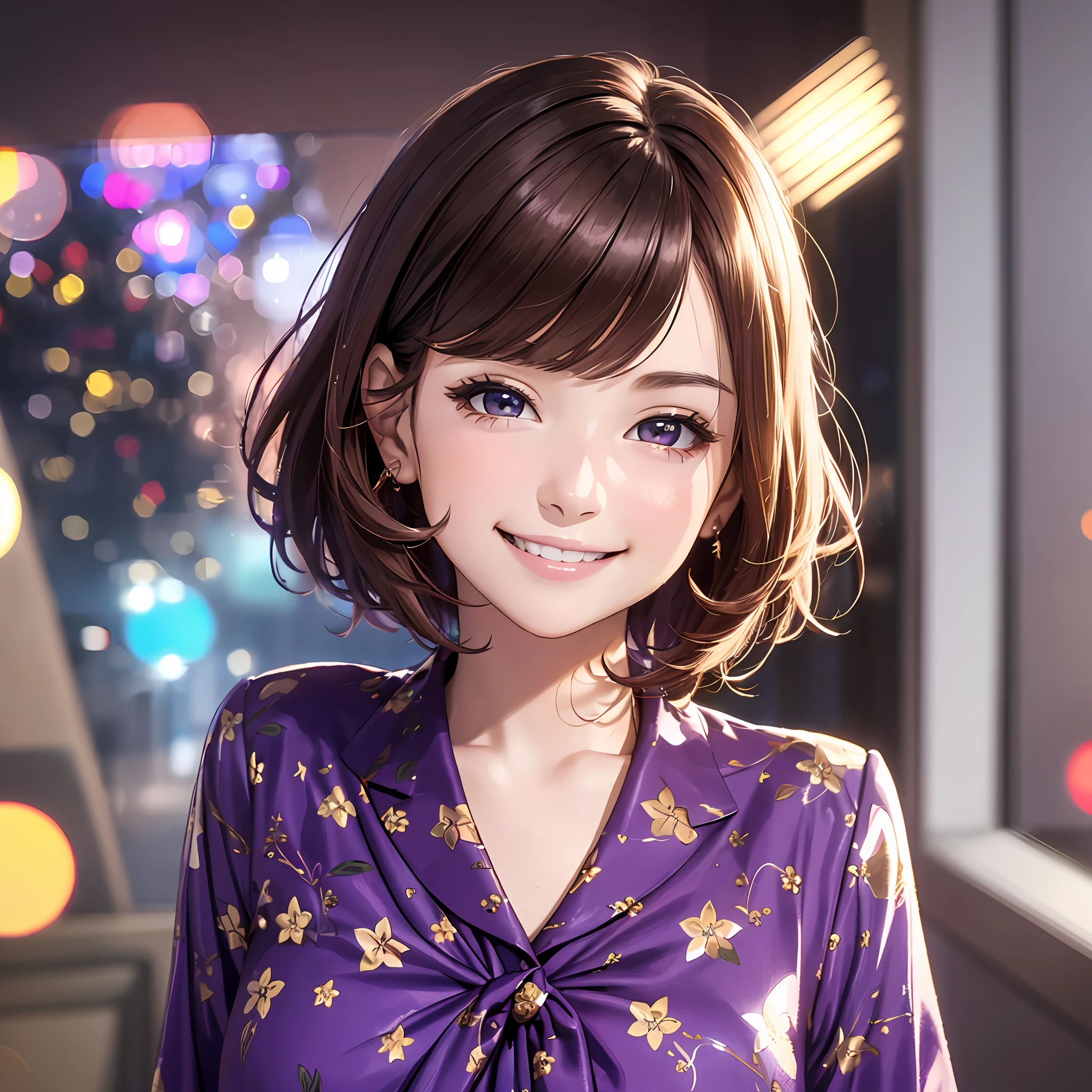 BEST QUALITY, 8K, HDTV, Masterpiece, 1 Girl, (Portrait:0.6),Purple Suit,Graphic Print blouse,(Waving:1.5),Brown-haired,(Short hair:1.2),(Big smile:1.4),(ViewViewer:1.1),(Look at camera),(Bokeh),Age 22