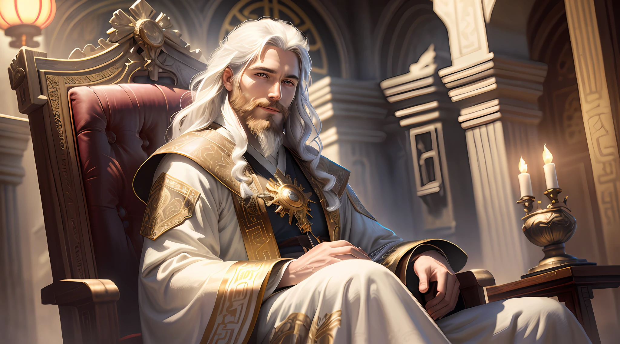 Jesus glorified and divine western youth with beard and white hair wearing a long powerful ancient Chinese robe, beautiful and grand smiling sitting on the heavenly throne, in an ultra-detailed celestial and divine setting, high quality, digitalArt, rendered, showing the upper body, Focus film, Depth of Field, HDR, with his hands containing nail marks in the center of his hands, photorealistic, extremely detailed, Photoshop, CGI, intricate, high detail, dramatic, midjourney art, volumetric lighting, crucifixion nail hole