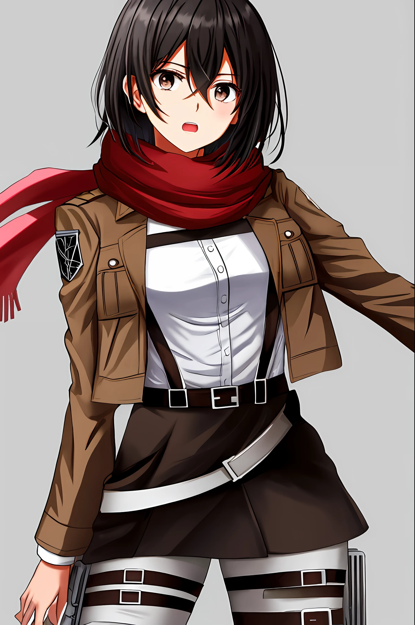 very detailed background, mikasa ackerman, shingeki no kyojin, 1girl, bangs, belt, belt buckle, black eyes, black hair, brown belt, brown jacket, buckle, dress shirt, hair between eyes, jacket, long sleeves, medium hair, open clothes, open jacket, open mouth, paradis military uniform, red scarf, scarf, shirt, solo, standing, straight hair, suspenders, three-dimensional maneuver gear, white background, white shirt, wing collar , ((masterpiece)),