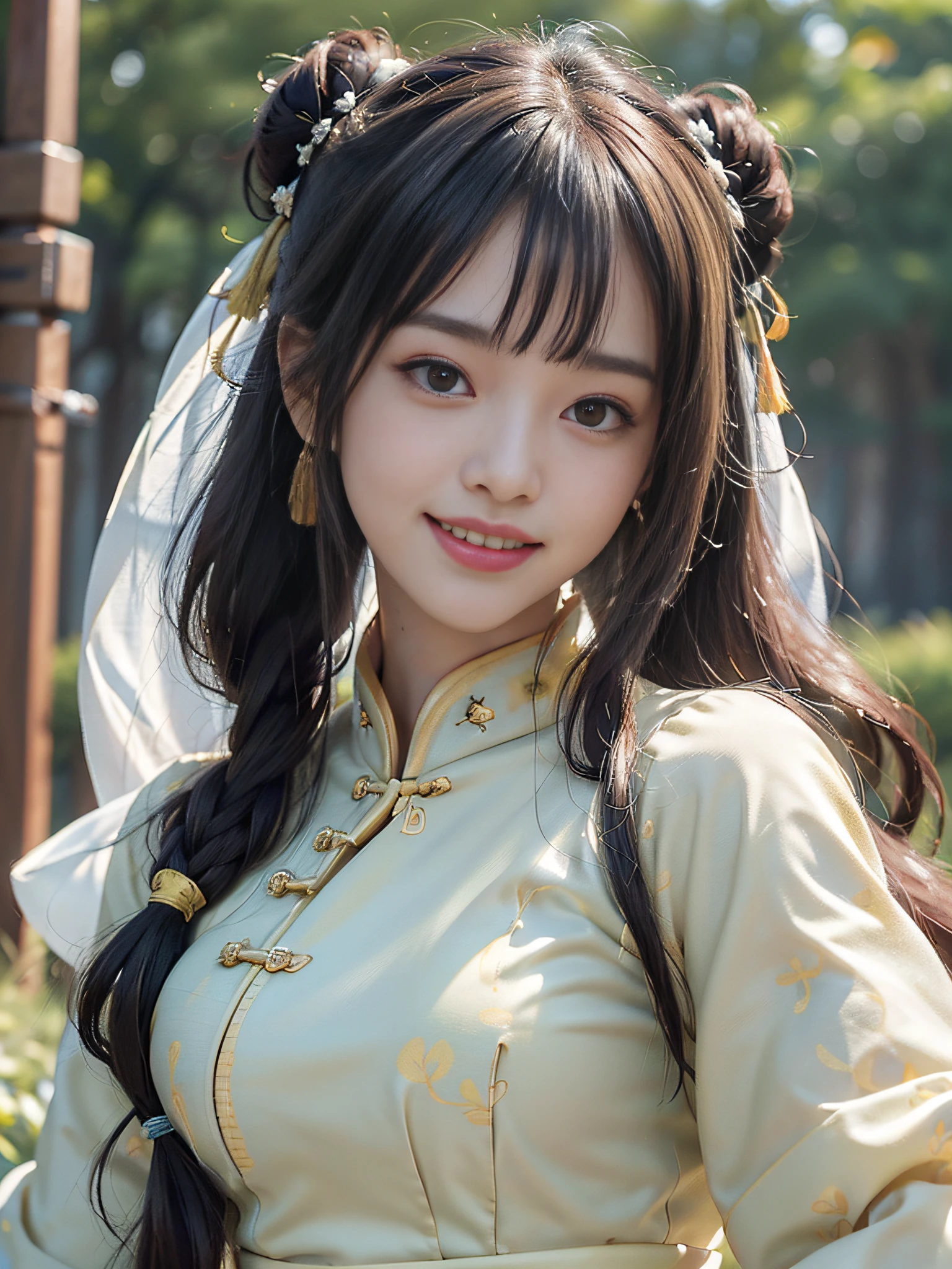 (Ultra High Resolution, Realistic, Realistic, Best Quality, Realistic), (High Detail Skin, Visible Pores), (Real People, Photos), (((Yellow Hanfu, Chinese Style))), Realistic, Simple Background, Upper Body, (8K, Original Photo, Best Quality, Masterpiece), (1 Girl), Photon Mapping, Teleportion, Physically Based Rendering, Auto White Balance, (((Unforgettable Smile, Long Hair))), Watery Eyes, (Blush|Cute Playfulness|Moe|Skinny|Thick Bangs| Beauty|double ponytail|bun,),(looking at the audience),(the iris and pupil are round, the pupil reflects around, and the eye size is not the same),