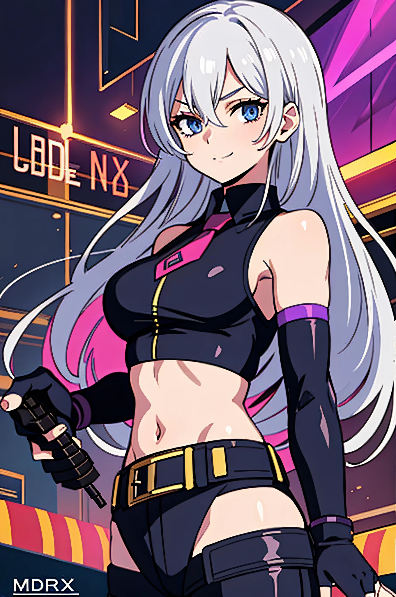 nsfw, upper body, (solo) (1girl, medium breasts), (beautifully drawn face:1.2) ( jinxlol, navel, gloves, fingerless gloves, character name, midriff, bare shoulders, looking at viewer, gun, crop top, belt,outdoors,:1.3) stern smile, dynamic pose, BREAK
(standing in very dark cyberpunk night casino:1.3)  gundam through screen BREAK
 to8contrast style,