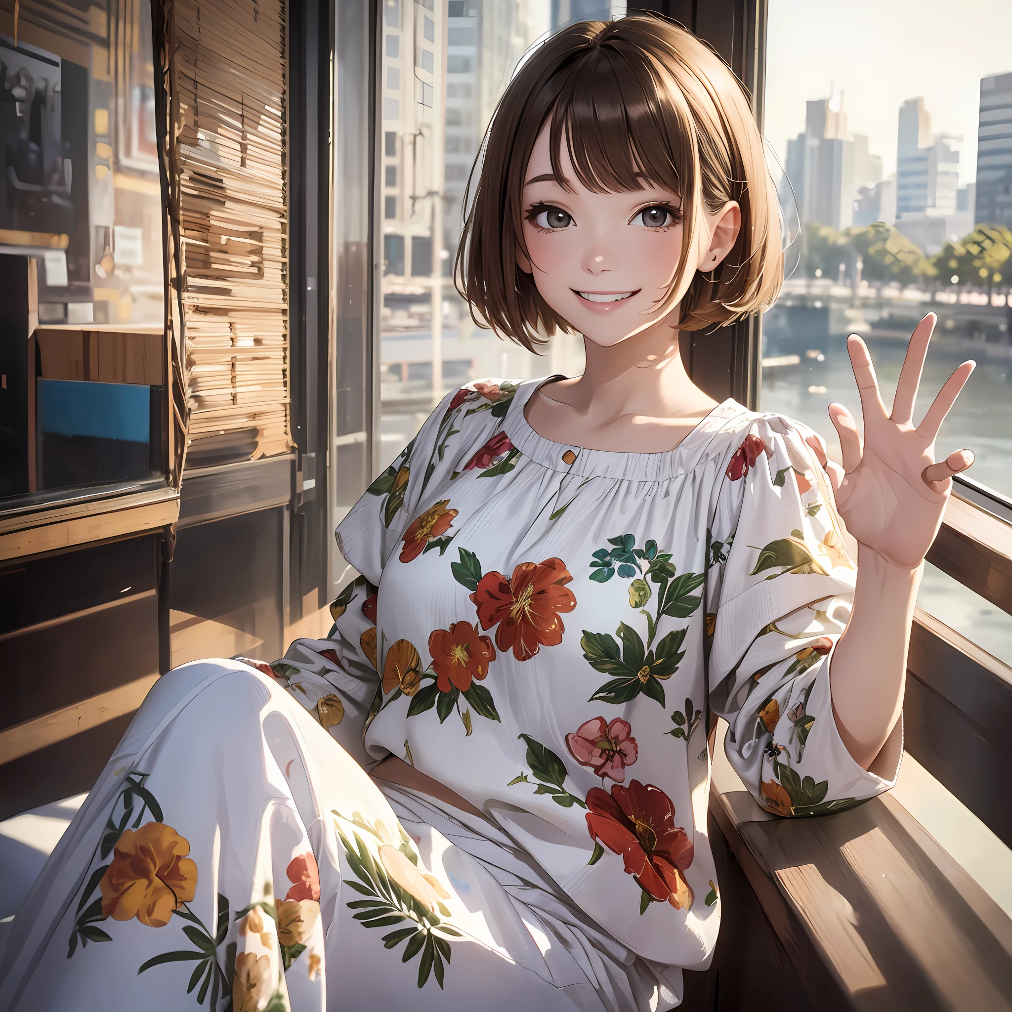 Top Quality, 8K, High-Definition, Masterpiece, 1 Girl, (Portrait:0.6),Abstract print blouse, White wide-leg pants,(Waving:1.5),Brown-haired,(Shorthair:1.2),(Big smile:1.4),(ViewViewer:1.1),(Look at camera),(Bokeh),Age 22