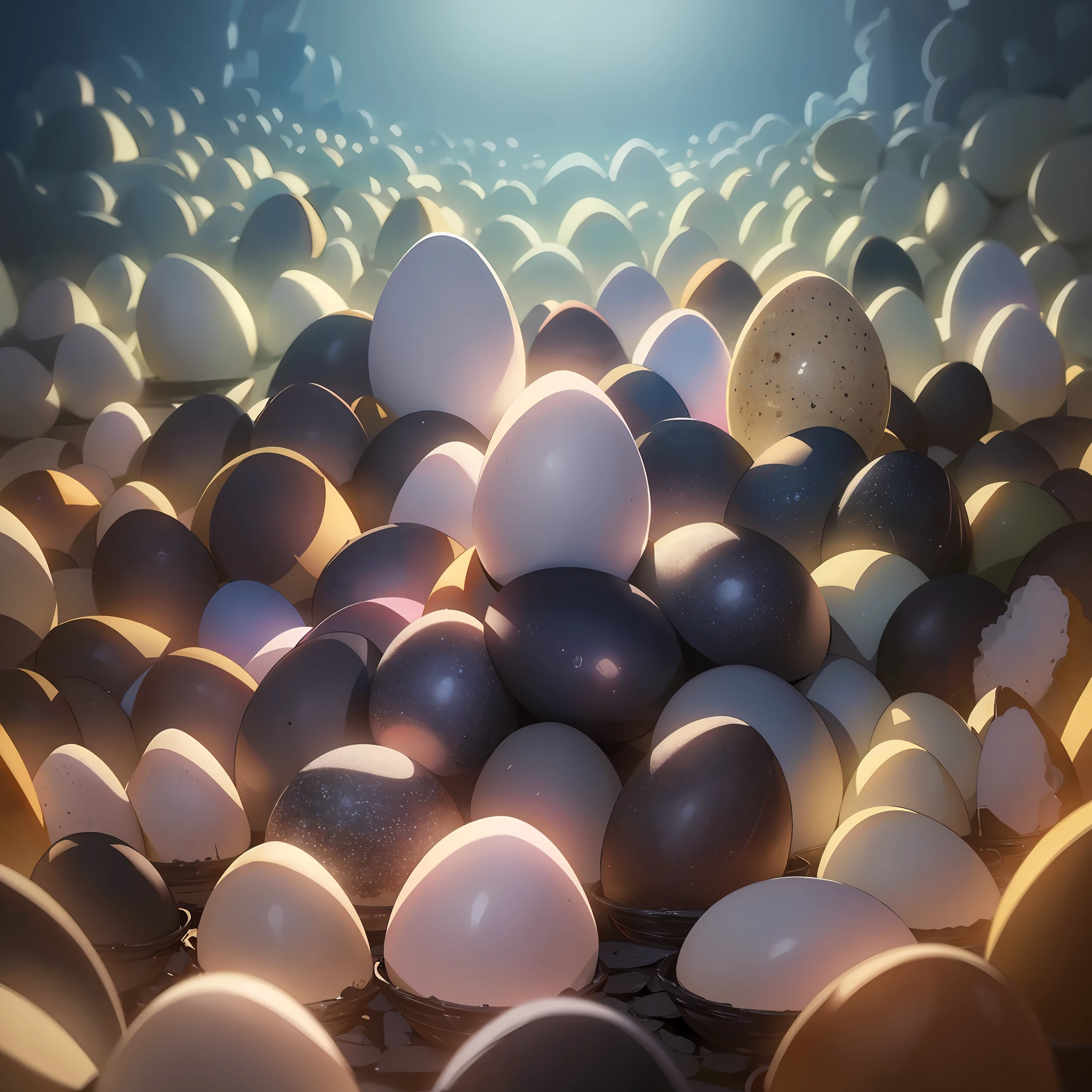Very many eggs piled up throughout the room (best quality: 1.1) (Masterpiece: 1.3) with unparalleled masterpieces, surreal 8K, perfect artwork, super detail, best quality, masterpieces 4K wallpaper aesthetics, masterpieces, award-winning artwork, official art, cinematic lighting