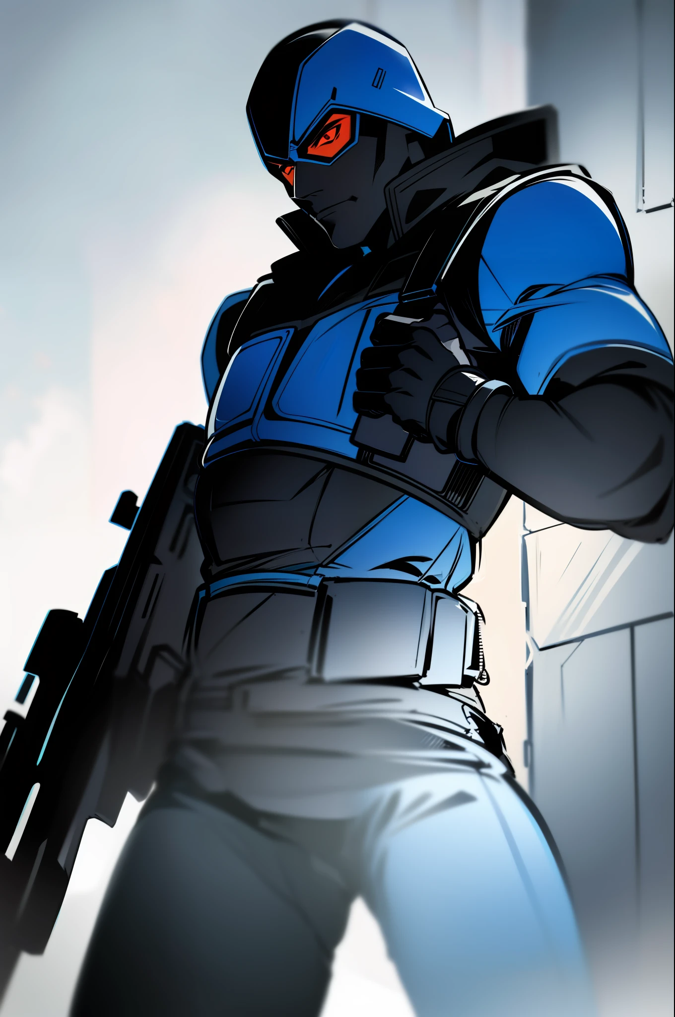 A guy with blue clothes,black mask with red eyes,black glove,holding sniper rifle with both hands, night, snow, chiaoscuro shading, outdoor