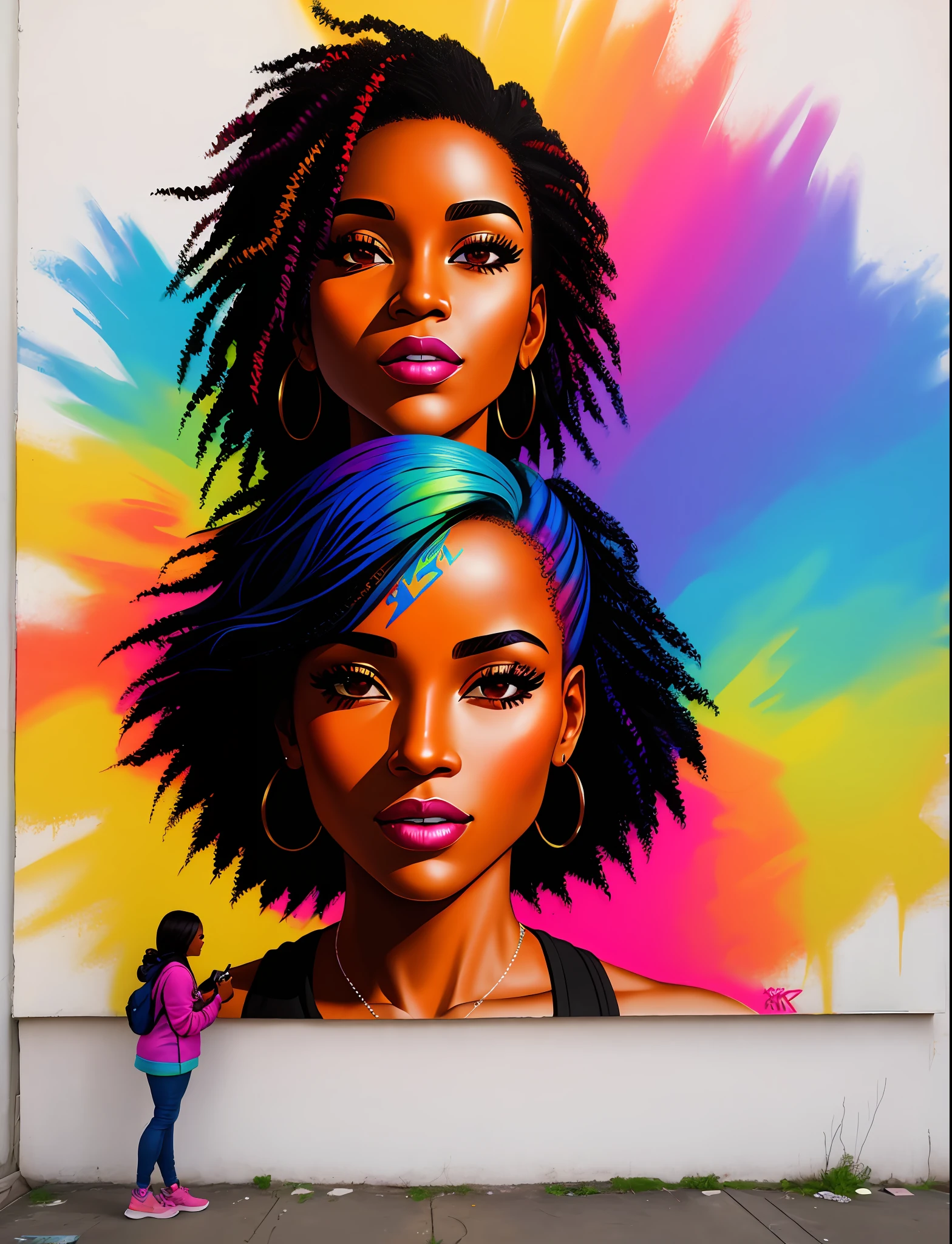 Graffiti painting, street art, 8k extremely detailed CG unit wallpaper, 8k landscape, artwork, masterpiece, best quality, amazing light brushstrokes, of a 30-year-old Black woman in graffiti style on a white wall with vibrant colors.