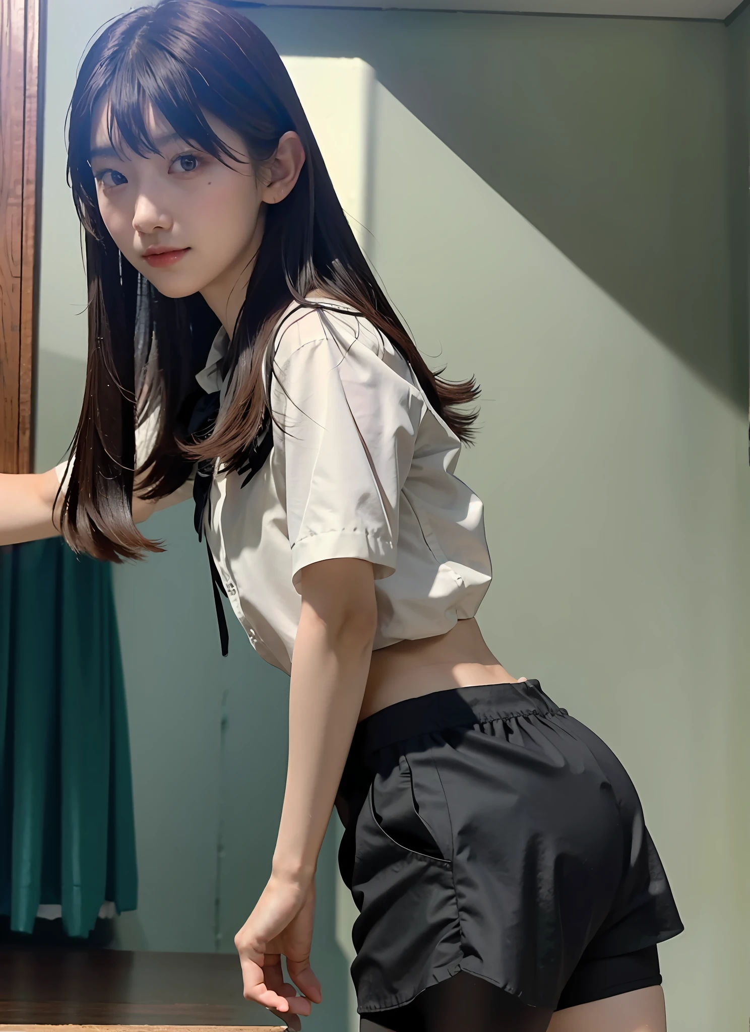 masterpiece, masterpiece, best quality, best quality, real, unity, 8k wallpaper, official art, highly detailed cg unity 8k wallpaper, ulzzang-6500, one girl, cute, professional lighting, ((Long black spandex shorts: 1.37)), long hair, uniform, pleated skirt, (Original: 1.2), (Real: 1.4), ultra detailed, high resolution, ultra detailed, amazing, fine details, cinematic lighting, simple costumes, detailed clothing textures, (8k, RAW photos, highest quality, masterpiece: 1.27), (realistic, photorealistic: 1.37), physically based rendering, handsome, masterpiece, highest quality, high resolution,