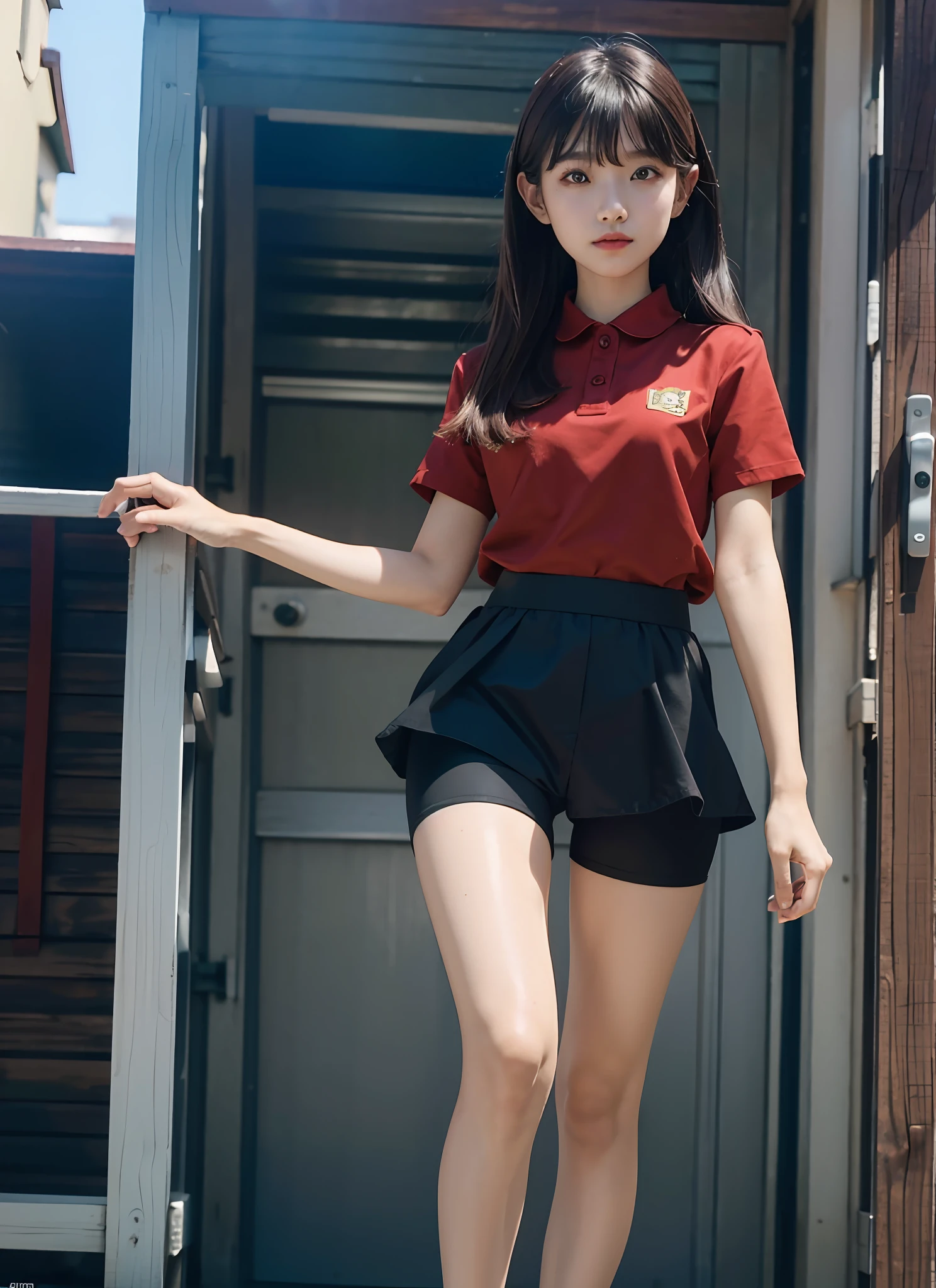 masterpiece, masterpiece, best quality, best quality, real, unity, 8k wallpaper, official art, highly detailed cg unity 8k wallpaper, ulzzang-6500, one girl, cute, professional lighting, ((Long black spandex shorts: 1.37)), long hair, uniform, pleated skirt, (Original: 1.2), (Real: 1.4), ultra detailed, high resolution, ultra detailed, amazing, fine details, cinematic lighting, simple costumes, detailed clothing textures, (8k, RAW photos, highest quality, masterpiece: 1.27), (realistic, photorealistic: 1.37), physically based rendering, handsome, masterpiece, highest quality, high resolution,