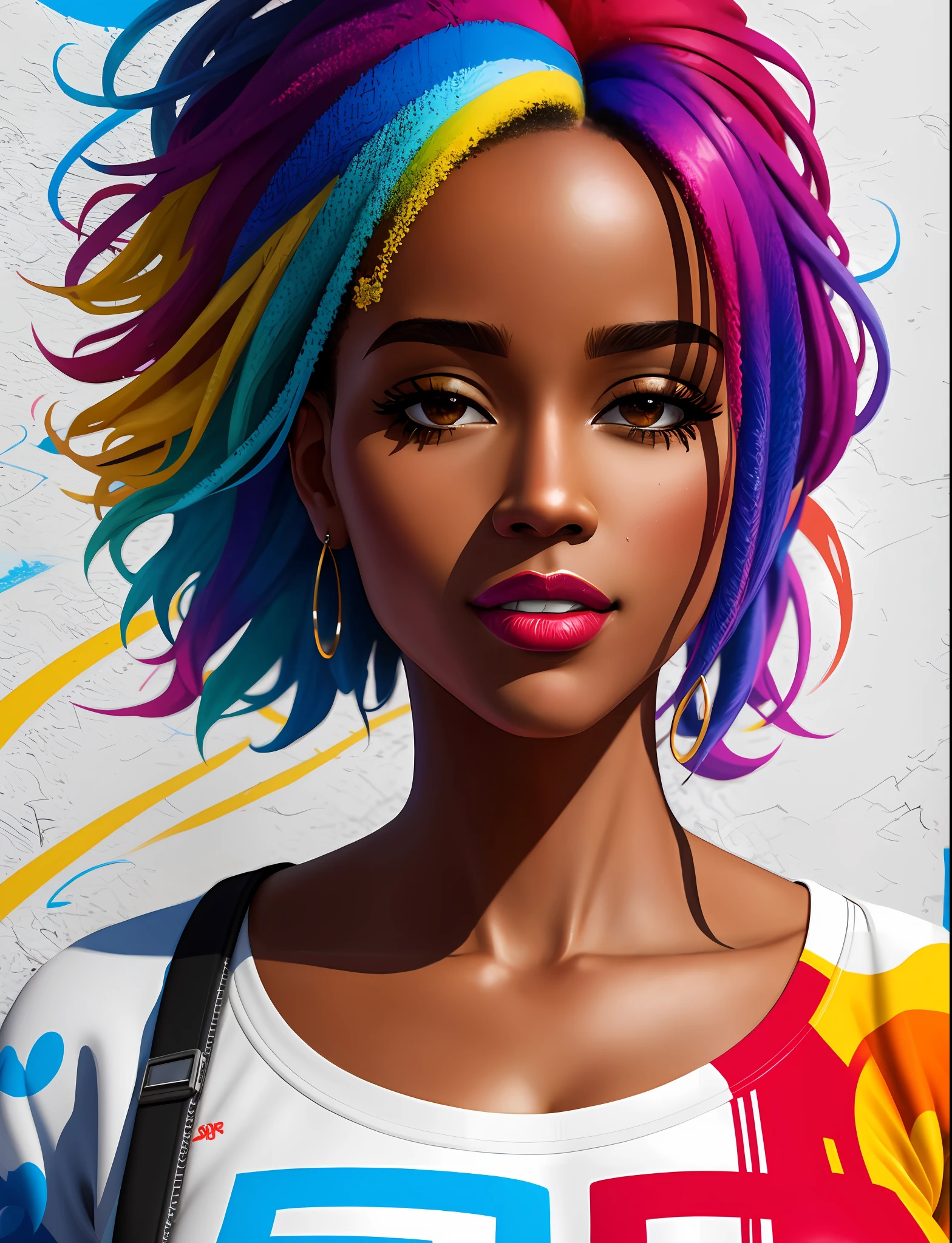 Graffiti painting, street art, 8k extremely detailed CG unit wallpaper, 8k landscape, artwork, masterpiece, best quality, amazing light brushstrokes, of a 30-year-old Black woman in graffiti style on a white wall with vibrant colors.