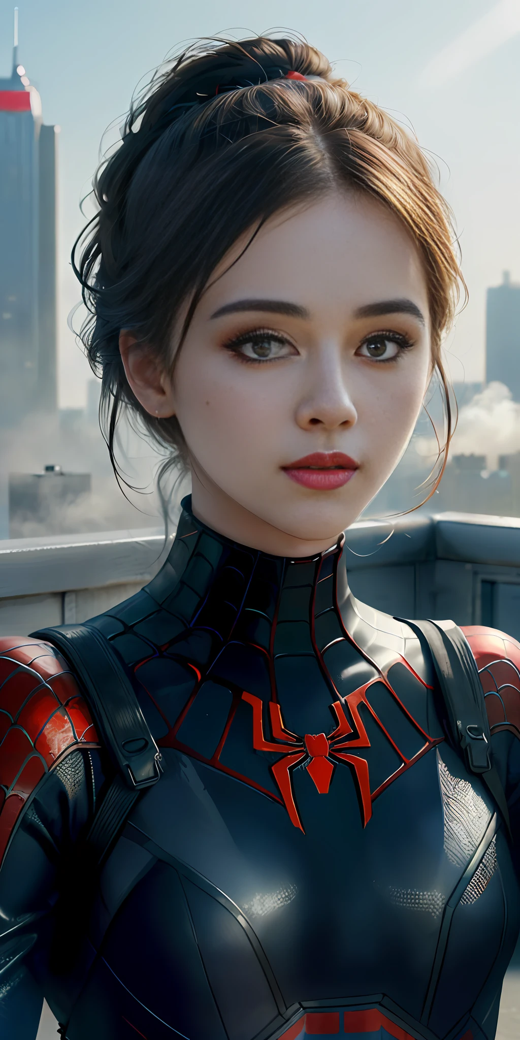(1girl:1.3), Solo, (((Very detailed face)))), ((Very detailed eyes and face)))), Beautiful detail eyes, Body parts__, Official art, Unified 8k wallpaper, Super detailed, beautiful and beautiful, beautiful, masterpiece, best quality, original, masterpiece, super fine photo, best quality, super high resolution, realistic realism, sunlight, full body portrait, amazing beauty, dynamic pose, delicate face, vibrant eyes, (from the front), She wears Spider-Man suit, red and black color scheme, spider, very detailed city roof background, rooftop, overlooking the city, detailed face, detailed complex busy background, messy, gorgeous, milky white, highly detailed skin, realistic skin details, visible pores, clear focus, volumetric fog, 8k uhd, DSLR, high quality, film grain, fair skin, photo realism, lomography, futuristic dystopian megalopolis, translucent