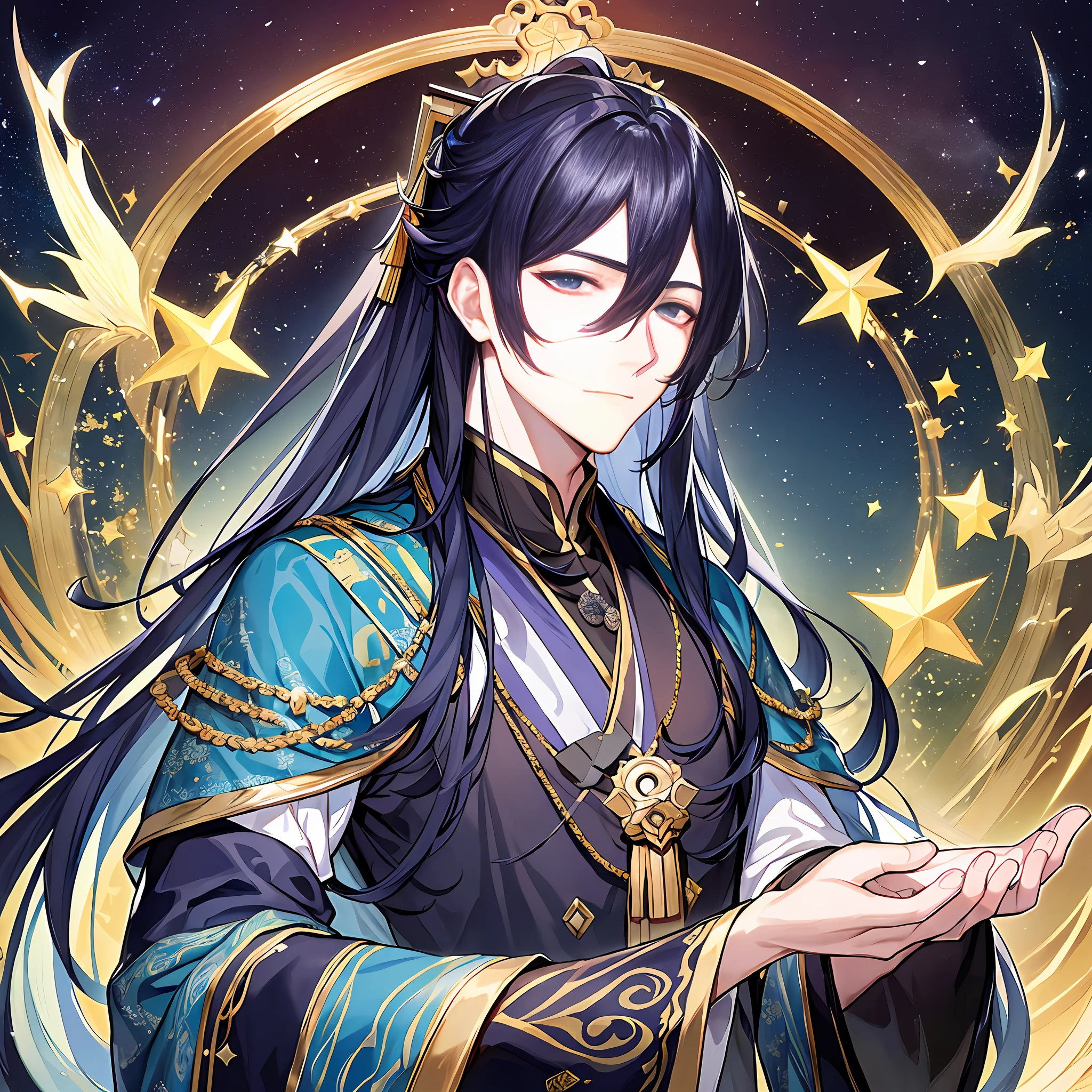 Emperor Xingyu was still a calm person, his eyes cold and elusive. He still wears a dark blue robe embroidered with many star motifs. His long black hair was still draped over his shoulders, and he looked a little haughty. In addition, he still wears a diamond in his hair and a white gold bracelet with a star pattern, which exudes a sense of gorgeousness that is difficult to ignore. He may be on a star's observatory, surrounded by a starry universe.