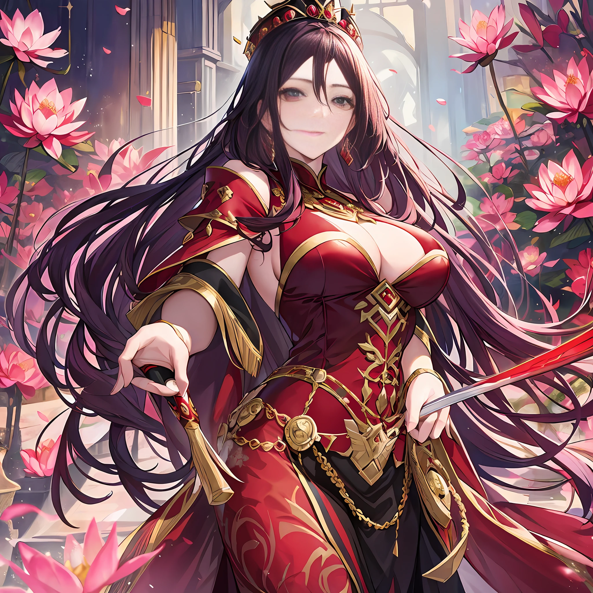 The Red Lotus Female Emperor is still a stunning and moving woman, her face is cold and proud. She wears a gorgeous crimson robe embroidered with many blooming lotus patterns, which is amazing. She wears a white shawl over her shoulders, which looks elegant and romantic with her long hair. She holds a magnificent longsword made of red rubies and gilding, exuding a powerful aura. At this moment, she may be patrolling the corridor or palace with that long sword, showing her majesty and strength as a female emperor.