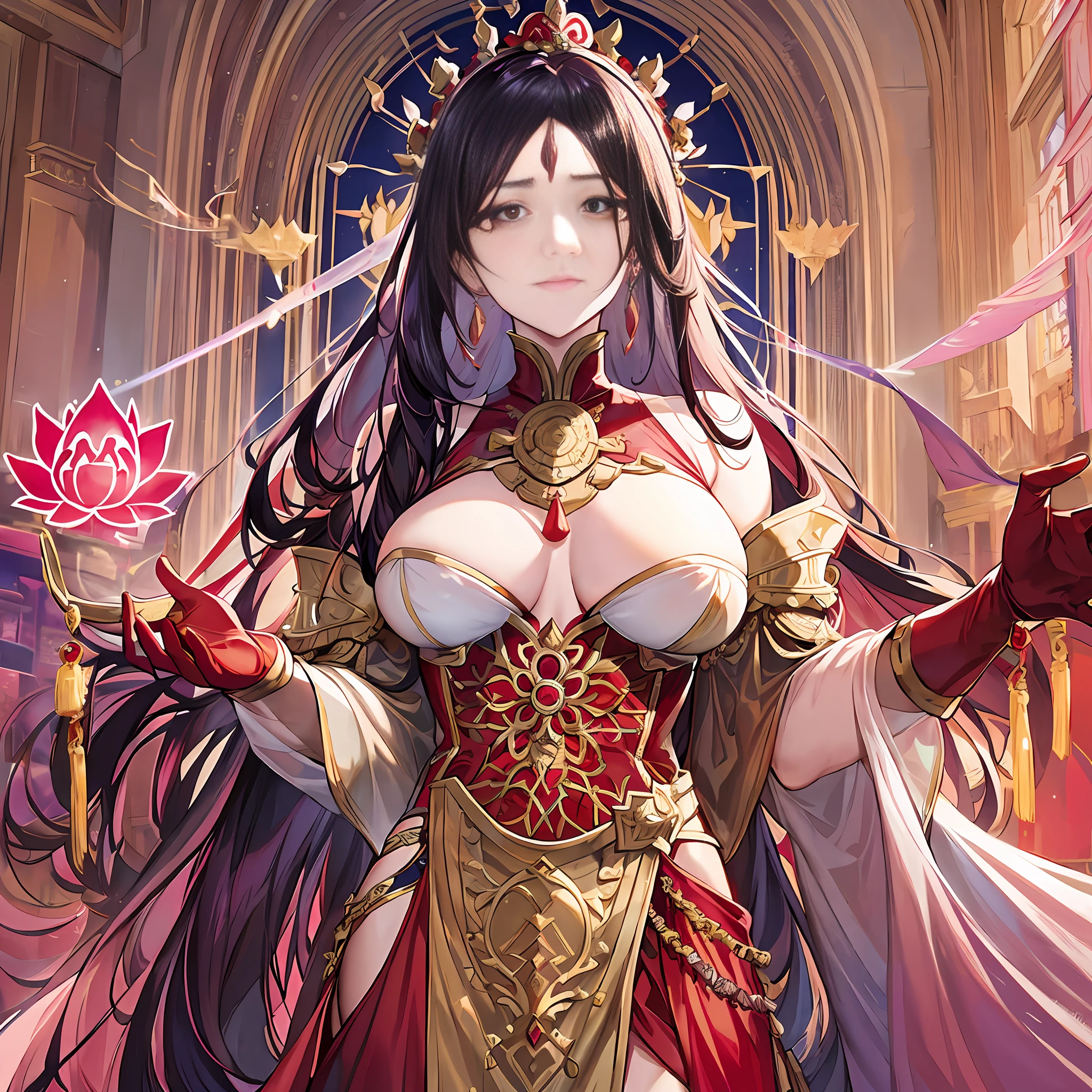 The Red Lotus Female Emperor is still a stunning and moving woman, her face is cold and proud. She wears a gorgeous crimson robe embroidered with many blooming lotus patterns, which is amazing. She wears a white shawl over her shoulders, which looks elegant and romantic with her long hair. She holds a magnificent longsword made of red rubies and gilding, exuding a powerful aura. At this moment, she may be patrolling the corridor or palace with that long sword, showing her majesty and strength as a female emperor.