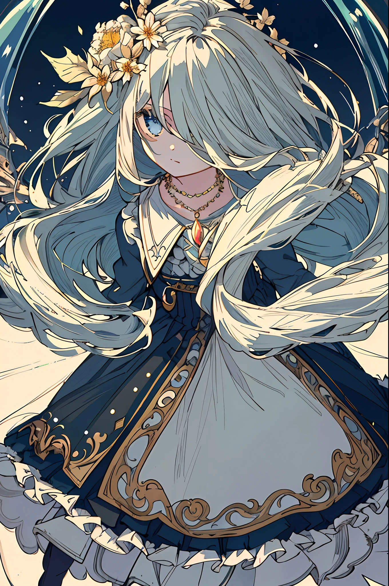 {{masterpiece}}, best quality, very detailed, extremely detailed CG unity 8k wallpaper, illustrations, 1girl, dress, necklace, hair flower, snow, ice, full body, lens, high close-up, very detailed, center frame, sharp focus, looking at the viewer, floating hair,