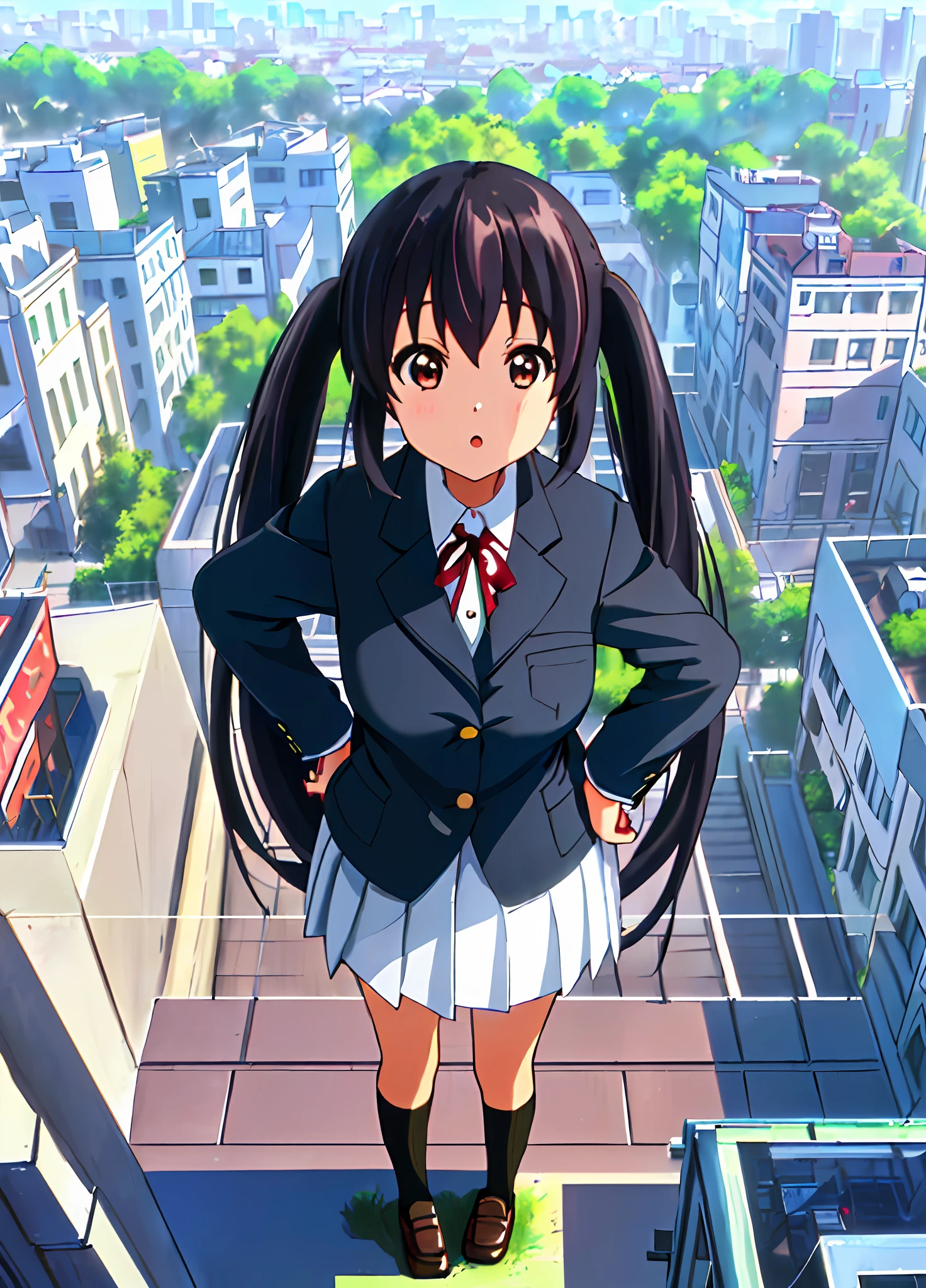 1girl, ((((Masterpiece))), Best Quality, Best Quality, High Detail, Azusa Nakano, 1girl, Sakuragaoka High School Uniform, Musical Instrument, School Uniform, Twin Tails, Long Hair, Black Hair, Brown Eyes, Solo, Red, Dark blue blazer with a thin ribbon of red, Solid white button shirt under blazer, Illustration, Cartoon, Soothing tones, Muted colors, Soft cinematic light, Adobe Lightroom, Photo Lab, HDR, complex and highly detailed, (((depth of field))))). (((Masterpiece))). (((highest quality))).) ((super detail))). (((Illustration))). (((Outside))). (((hands on hips)))). (((Stretch your chest)))),(((Gigantic))).dynamic focus.small breasts. (((skyscrapers))). (((Cityscape))). (((View from above))).