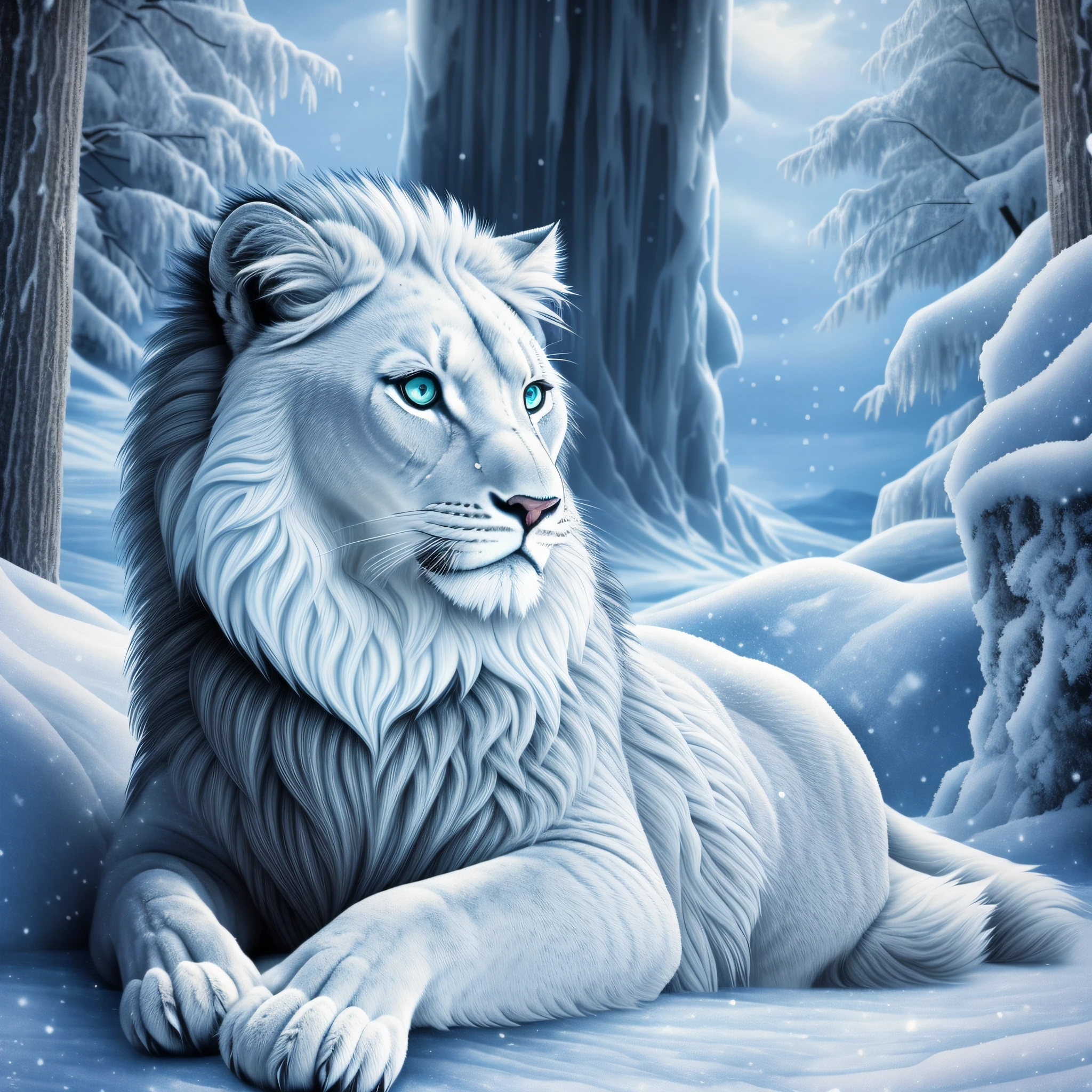 Tom sits on a snowy hill with a couch, icy winter god, cats, dramatic cinematic details fur, icy gaze, cold, majestic !!! Beautiful!!! , cold but beautiful, made of ice, cold snow, beautiful wallpaper, beautiful nature, lion head, ice master, lion's mane, cat's body