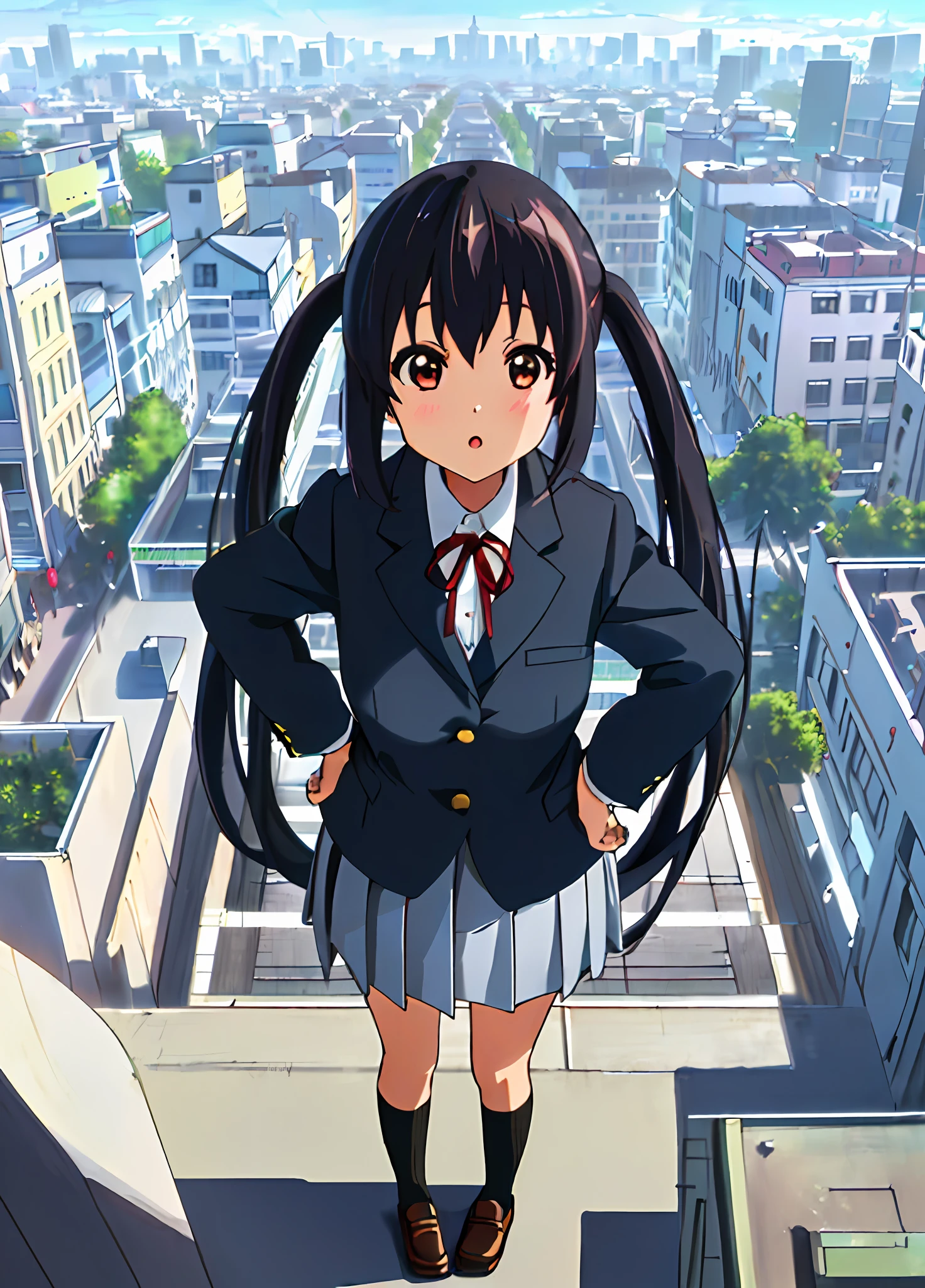 1girl, ((((Masterpiece))), Best Quality, Best Quality, High Detail, Azusa Nakano, 1girl, Sakuragaoka High School Uniform, Musical Instrument, School Uniform, Twin Tails, Long Hair, Black Hair, Brown Eyes, Solo, Red, Dark blue blazer with a thin ribbon of red, Solid white button shirt under blazer, Illustration, Cartoon, Soothing tones, Muted colors, Soft cinematic light, Adobe Lightroom, Photo Lab, HDR, complex and highly detailed, (((depth of field))))). (((Masterpiece))). (((highest quality))).) ((super detail))). (((Illustration))). (((Outside))). (((hands on hips)))). (((Stretch your chest)))),(((Gigantic))).dynamic focus.small breasts. (((skyscrapers))). (((Cityscape))). (((View from above))).