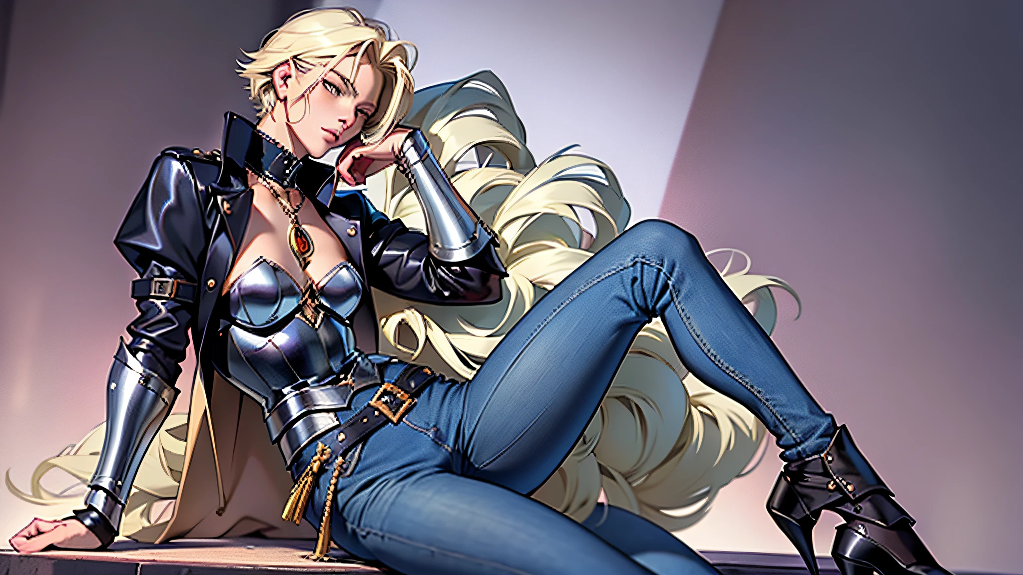 hot anime woman character with a blue shirt and jeans leaning on his leg, delicate androgynous prince, beautiful androgynous prince, androgynous woman, androgyny, madonna genderbend elegant, attractive androgynous humanoid, androgynous, leather armor, johan liebert mixed with alucard, johan liebert, beautiful androgynous girl