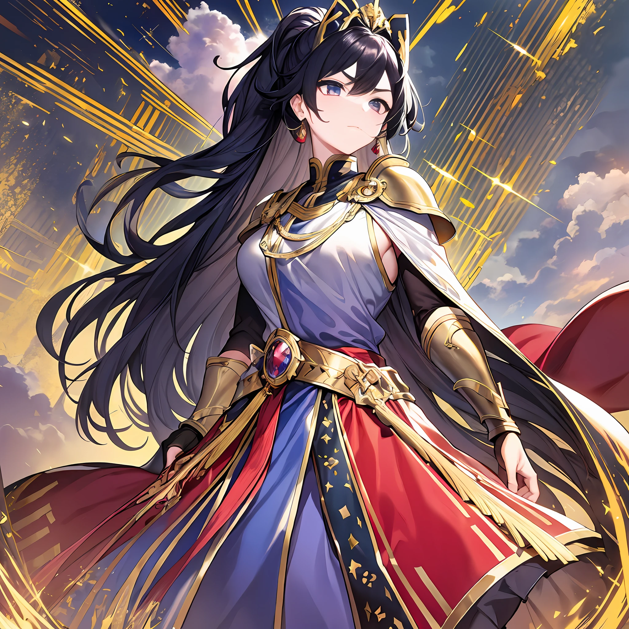 Character expressions: solemn expressions, eyebrows locked, eyes staring ahead, revealing a majestic aura.
Hairstyle and color: dark medium hair, medium part, back combed into a ponytail, hair slightly stained with sweat.
Clothing style and color: a golden armor, simple atmosphere, inlaid with various jewels, bright colors, showing wealth and authority, a silver-rimmed red cape tied around the waist, fluttering in the wind, set off its heroic image.
Accessories on the figure: wearing a helmet with blue gemstones and a golden sword inlaid with various jewels.
Character Pose: Straighten up, holding a sword in his right hand and resting his left hand on his curved waist, looking straight ahead as if he is watching a crucial battle.
Environment: On a vast plain, surrounded by boundless earth, the sky is clear, the sun is shining, and a big sun is high in the sky.
Hints: Dark Hair, Ponytail, Gold Armor, Set with Jewels, Silver-rimmed Red Cloak, Helmet, Sword, Jewels, Straighten, Key Battle, Vast Plains, Earth, Sunshine, Great Sun.