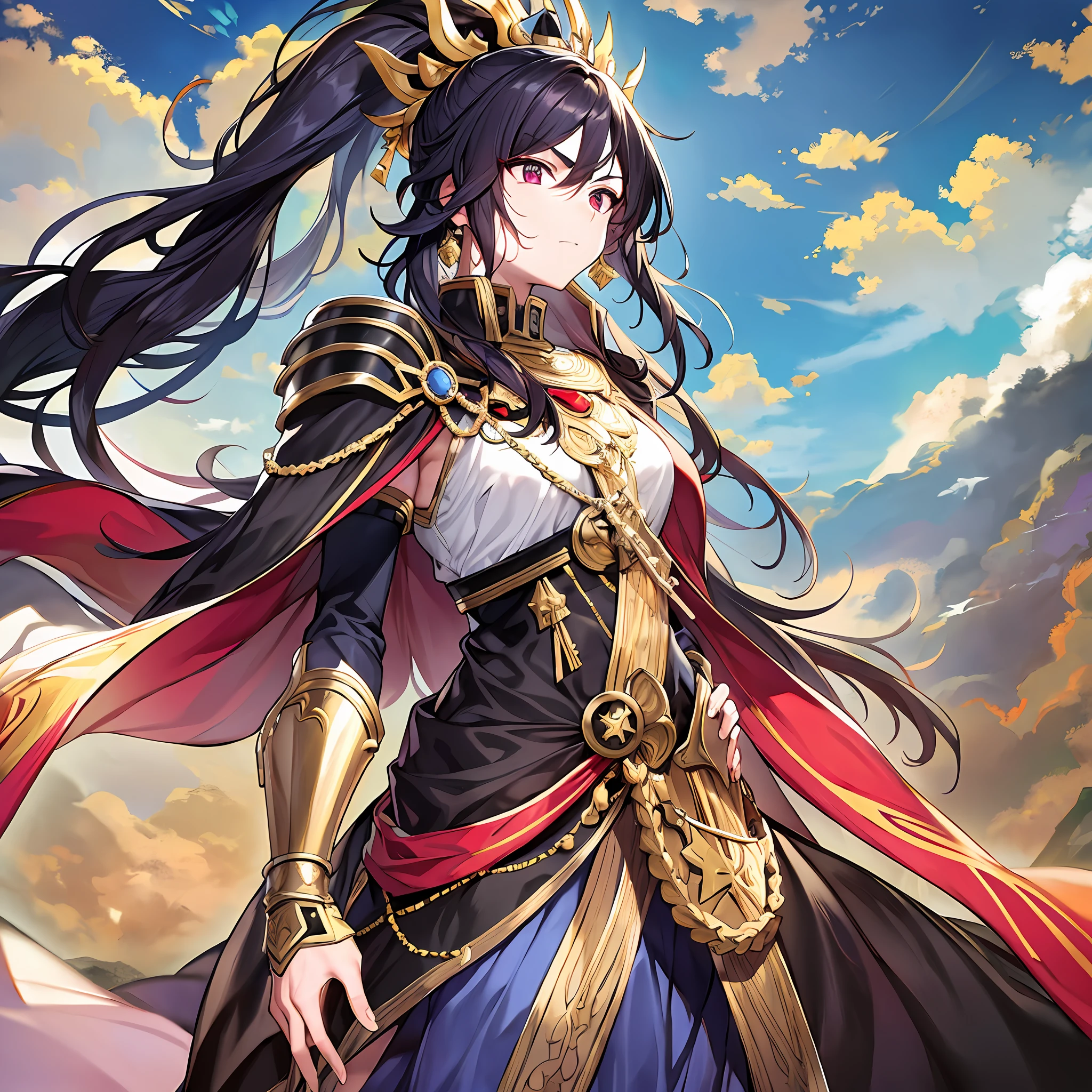 Character expressions: solemn expressions, eyebrows locked, eyes staring ahead, revealing a majestic aura.
Hairstyle and color: dark medium hair, medium part, back combed into a ponytail, hair slightly stained with sweat.
Clothing style and color: a golden armor, simple atmosphere, inlaid with various jewels, bright colors, showing wealth and authority, a silver-rimmed red cape tied around the waist, fluttering in the wind, set off its heroic image.
Accessories on the figure: wearing a helmet with blue gemstones and a golden sword inlaid with various jewels.
Character Pose: Straighten up, holding a sword in his right hand and resting his left hand on his curved waist, looking straight ahead as if he is watching a crucial battle.
Environment: On a vast plain, surrounded by boundless earth, the sky is clear, the sun is shining, and a big sun is high in the sky.
Hints: Dark Hair, Ponytail, Gold Armor, Set with Jewels, Silver-rimmed Red Cloak, Helmet, Sword, Jewels, Straighten, Key Battle, Vast Plains, Earth, Sunshine, Great Sun.