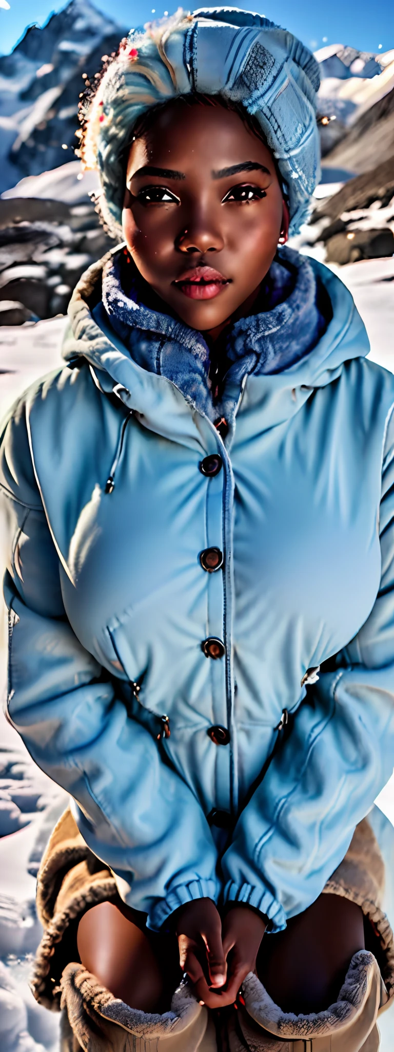 (a beautiful 21 age years old ebony woman:1.2), (alpine mountain, snow, rock formations:1.2), (oversized jacket, woolly sweater, gaiters, snow boots, woolly hat, earmuffs:1.3),
BREAK
((best quality)), ((masterpiece)), (detailed), realistic, absurdres, 8K UHD, High definition, Ultra Detailed, High quality texture, intricate details, detailed texture, finely detailed, high detail, extremely detailed cg, High quality shadow, (lens flare, sunbeams, godrays:1.2),
BREAK
(Pretty latino girl, african mixed), (Huge breas, and droopy breasts:1.35rkling glowing heterochromia eyes:1.2), (light blue hair:1.4), (bust portrait:1.45), floating light snow particles