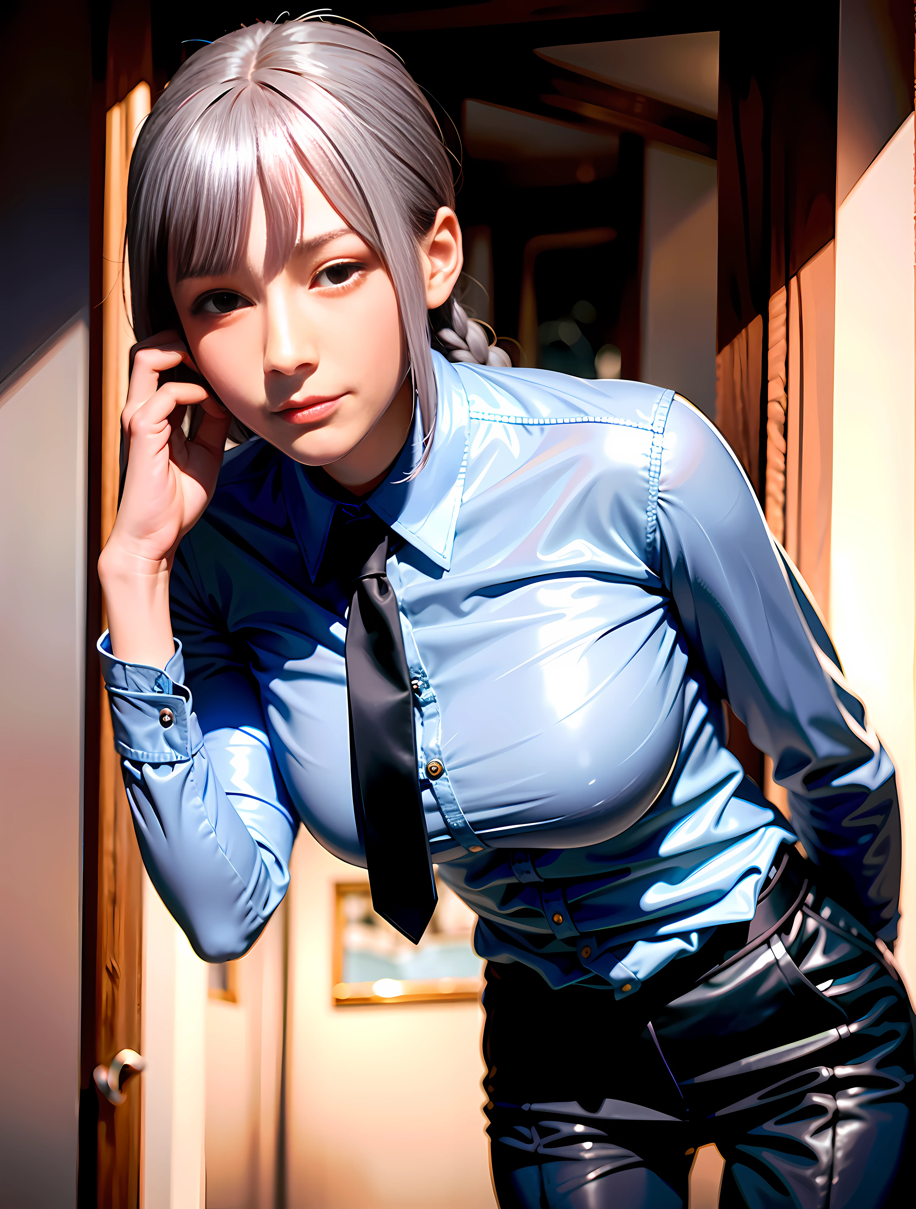 Detailed shiny skin, (realism, fidelity: 1.4), a beautiful girl, standing, looking out the window, blue glossy shirt, collared shirt, pink tie, gray glossy pants, long sleeves, smile (nose red), yellow eyes + dark circles, short hair + silver hair + long braids, makima\ (chainsawman\)