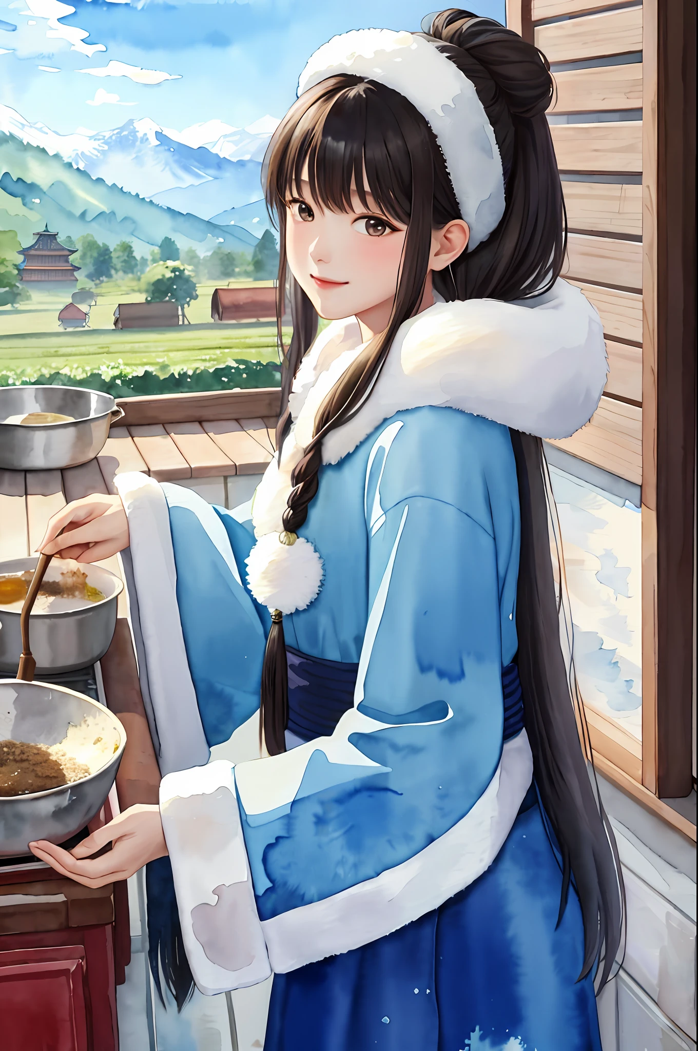(Watercolor:1.4),(Masterpiece),(Best Quality),(Cinematic Light), Luxurious, 8k, Manufacturer Thailand detail, depth of field, cinematic lighting, young beautiful girl, skinny, muscle,long curly black hair, smile, china costume, traditional china style, field, tribe costume, under blue sky, farm, young, Traditional agriculture, mongol tribe costume, shepherd, snow field, tundra, cold, winter, winter clothes, hill tribe costume, fur sleeve, fur neck, chinese costume, livestock raising, cooking, gardening, folk girl