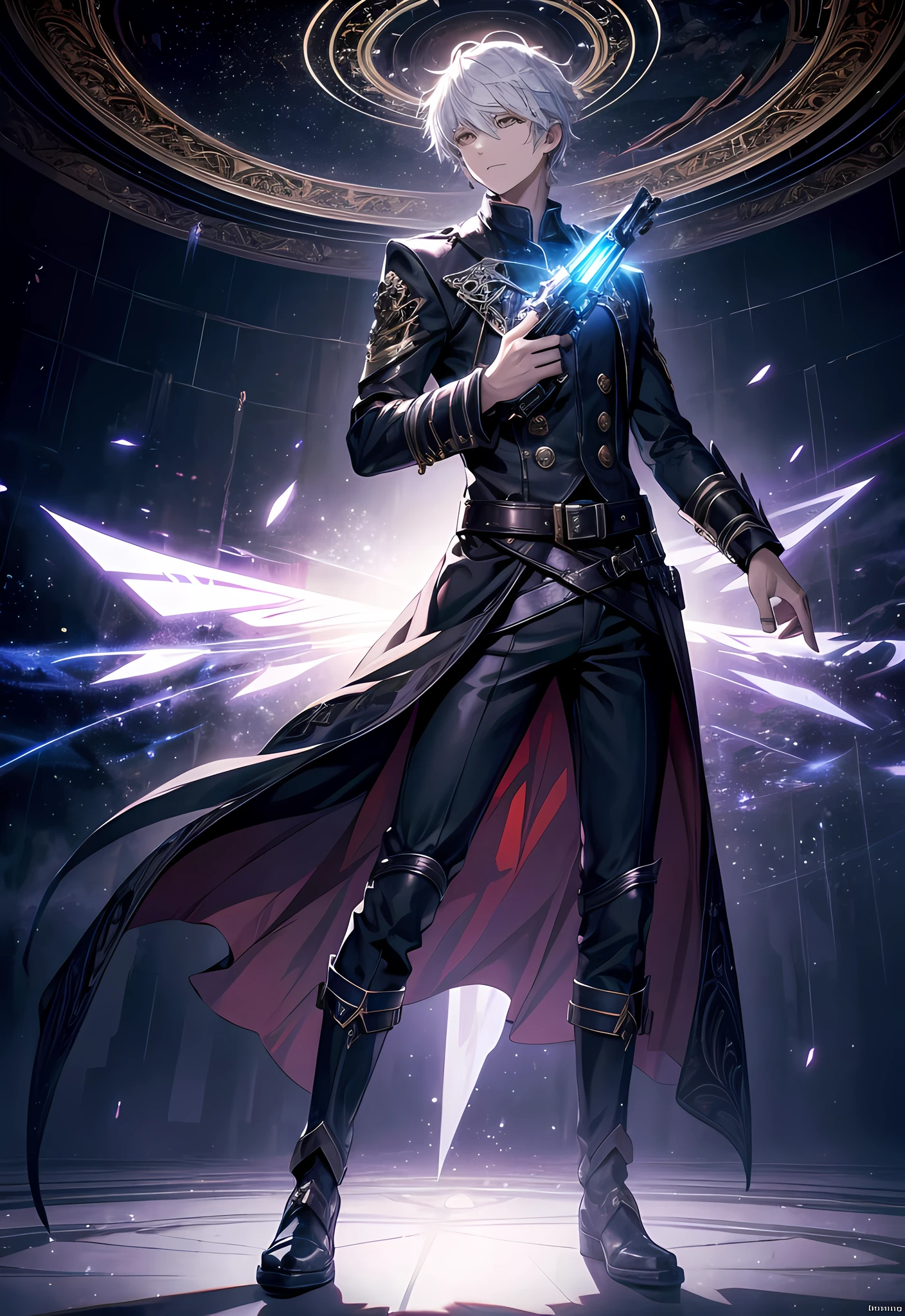 (absurdres, highres, ultra detailed, HDR), masterpiece, best quality, solo, a boy holding gun, magic gun, intricate gun, handsome, short hair, white hair, leather outfit, BREAK, dark persona, light persona, fractal, full body, ceiling, artistic background, Bio-luminescence, geometric, Organic, blessing, favor, exalted, fantasy, celestial, sublime, noble, unfolding, unraveling, spiritual, dignified, magic circle, look at viewer