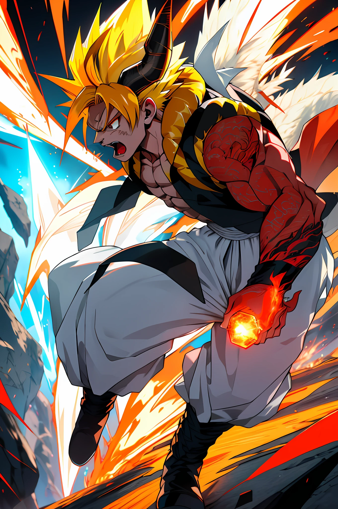 Ultra Supersayajin, diamond yellow colored hair and red eyes with black pencil painted around it, white clothing with dragon tatoon print, good open screaming, fighting with much fury against enemy, scenery in heaven and earth