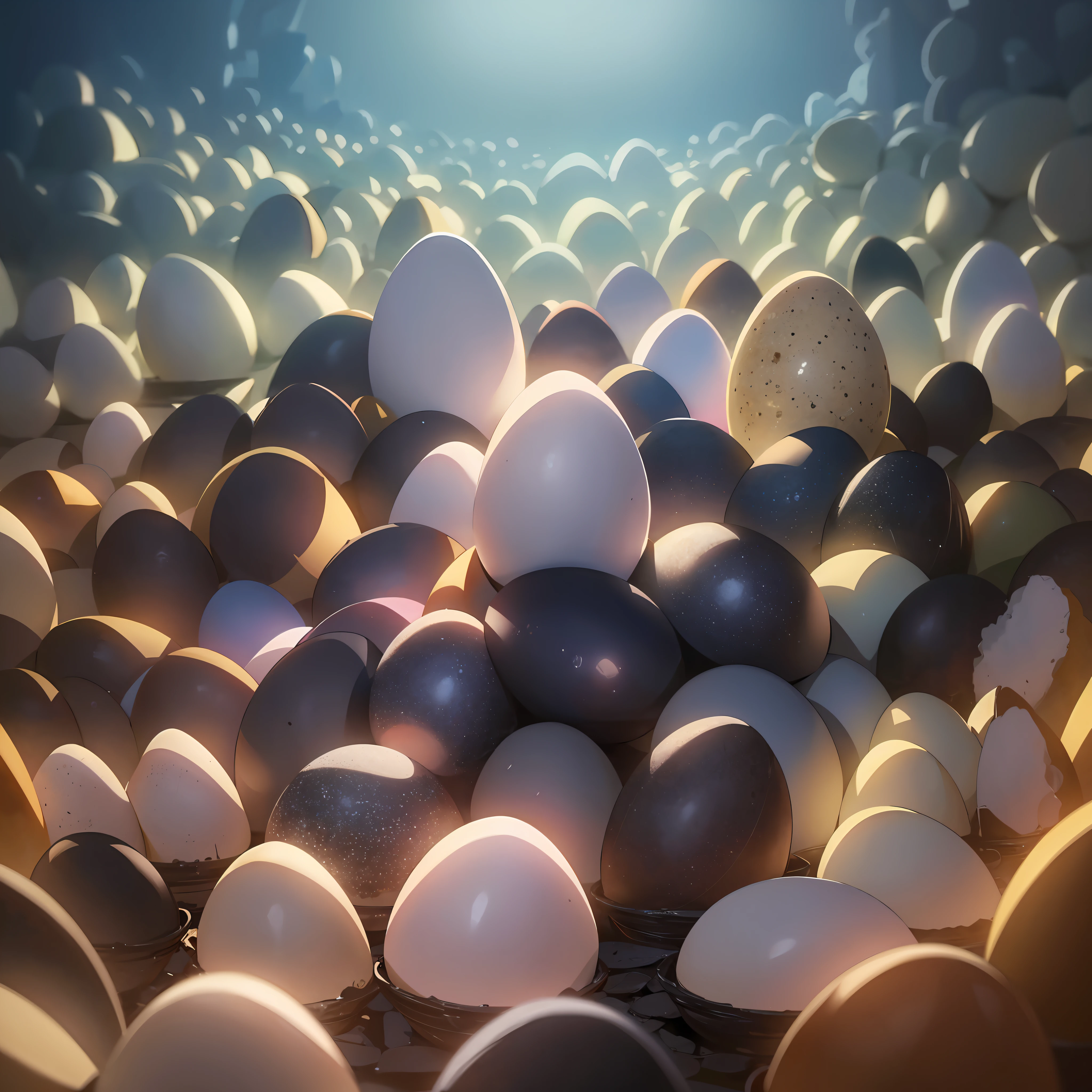 Very many eggs piled up throughout the room (best quality: 1.1) (Masterpiece: 1.3) with unparalleled masterpieces, surreal 8K, perfect artwork, super detail, best quality, masterpieces 4K wallpaper aesthetics, masterpieces, award-winning artwork, official art, cinematic lighting