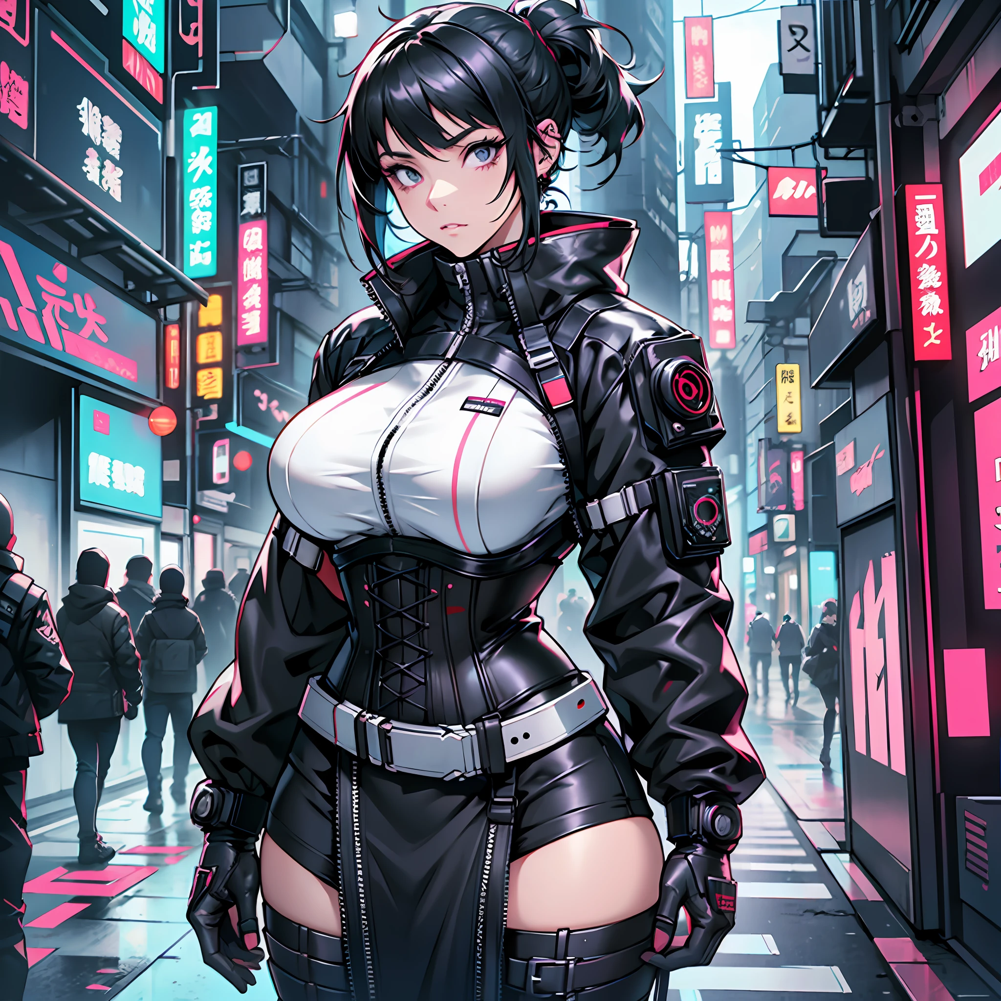 there is a woman with massive breasts in a corset and a black and white outfit, wearing techwear and armor, cyberpunk outfit, wearing japanese techwear, intriguing outfit, all black cyberpunk clothes, cyberpunk style outfit, female cyberpunk anime girl, cyberpunk streetwear, cyberpunk dress, anime girl cosplay, photograph of a techwear woman, cyberpunk anime girl, wearing cyberpunk streetwear, maid outfit --auto --s2