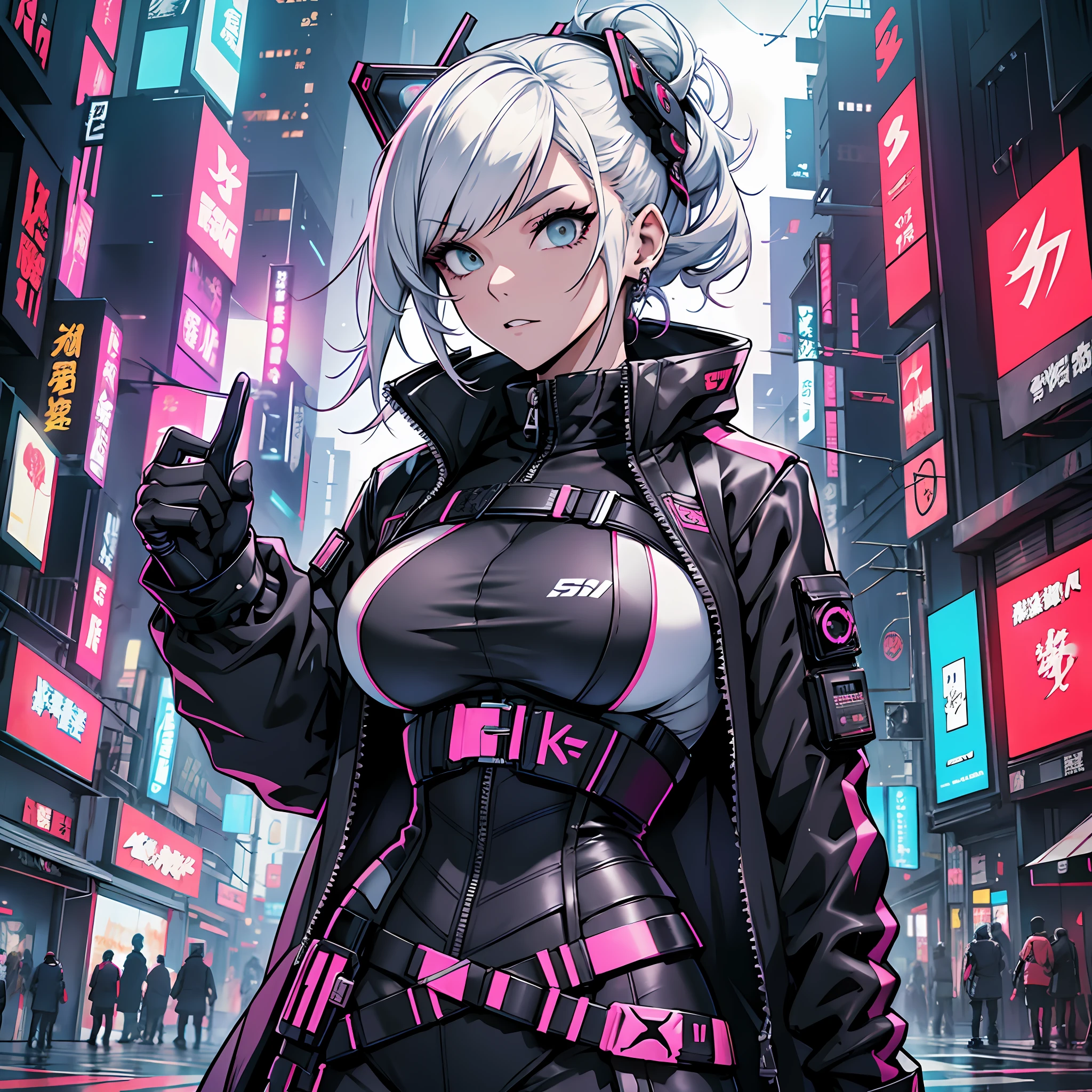 there is a woman with massive breasts in a corset and a black and white outfit, wearing techwear and armor, cyberpunk outfit, wearing japanese techwear, intriguing outfit, all black cyberpunk clothes, cyberpunk style outfit, female cyberpunk anime girl, cyberpunk streetwear, cyberpunk dress, anime girl cosplay, photograph of a techwear woman, cyberpunk anime girl, wearing cyberpunk streetwear, maid outfit --auto --s2