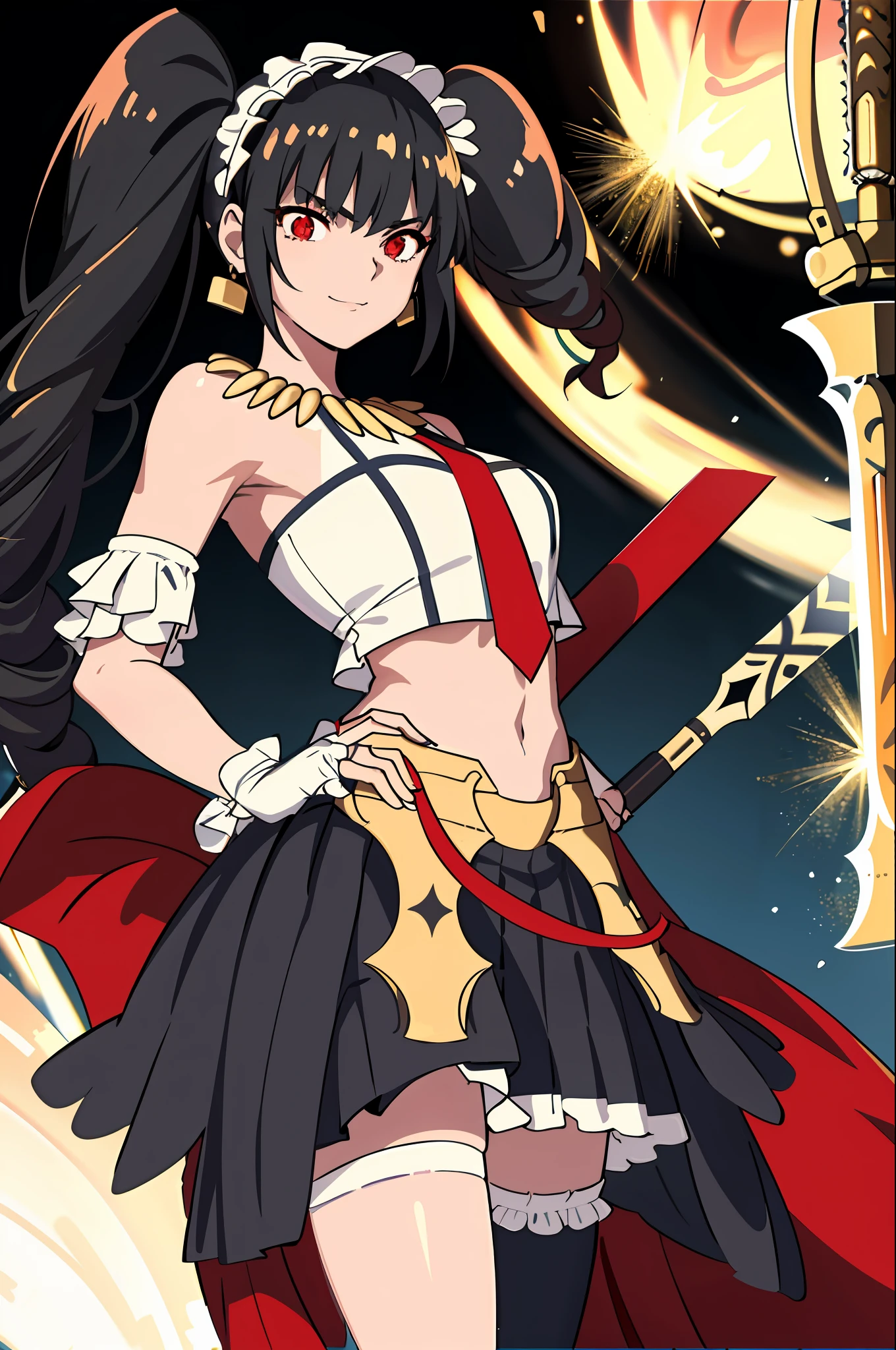 realistic, (masterpiece, top quality, best quality, official art, beautiful and aesthetic:1.2), extremely detailed,(1girl:1.3),cowboy shot,(looking at viewer),(holding single weapon:1.3),clenched fist, pointing hand viewer, from middle,black background,(night:1.2), filmg, insane happy expression, celestiaLudenbergTopless, solo, and long, has black hair in two large twin-drill pigtails, (red eyes:1.2), 1girl, jewelry, standing, earrings, necklace, armor, tattoo, topless, Gold armor, shirtless, gold clingon bra, single gold gauntlet,right gold shoulder armor,right gold elbow gloves, one shoulder armor, a red and gold jacket that includes white ribbon lacing down the sleeves, fastened by a simple white ribbon across her chest to reveal her red tie, knee-high stockings trimmed in ladder lace with a black ribbon on the opposite side of the other for each, dark red mary janes with a thick heel held on her feet by three gold buckles, a white lace headband, and a gold, gunmetal plated ring, a red pleated miniskirt that is cut extremely short, standing, full body portrait