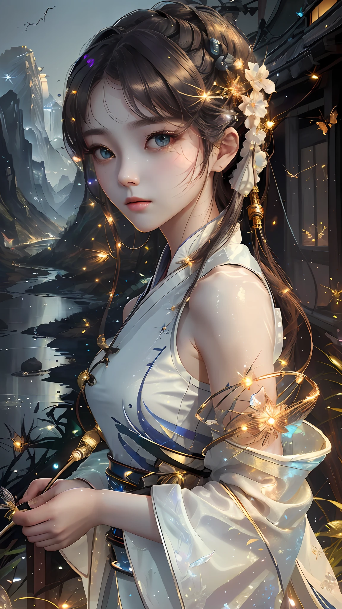 best quality, masterpiece, highres,
1girl, Detailed face, (Upper body:1.6), Cyber cities, mountains and rivers, night, firefly lights, Realistic, rich in detail, (White hanfu:1.2), (beautiful body:1.4),