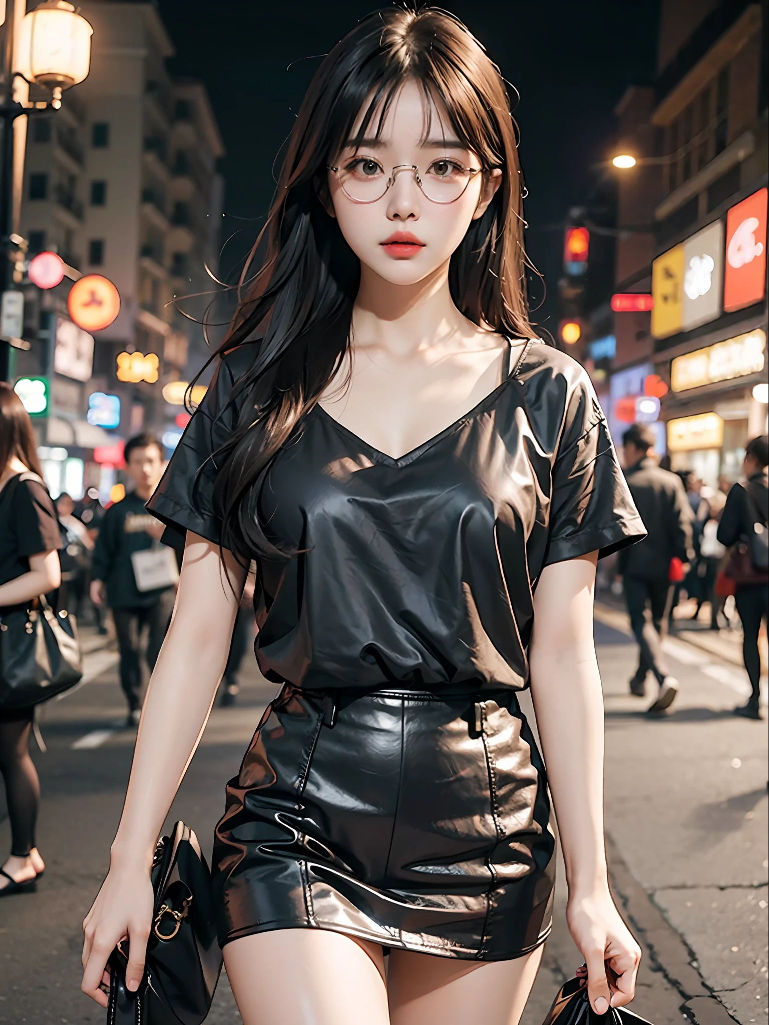 Lee Ji-eun Korean style Girl Wen Jing wearing glasses Flat face Fair skin Big chest Black shirt Short skirt Street scene Pose sexy Night scene Movie shot