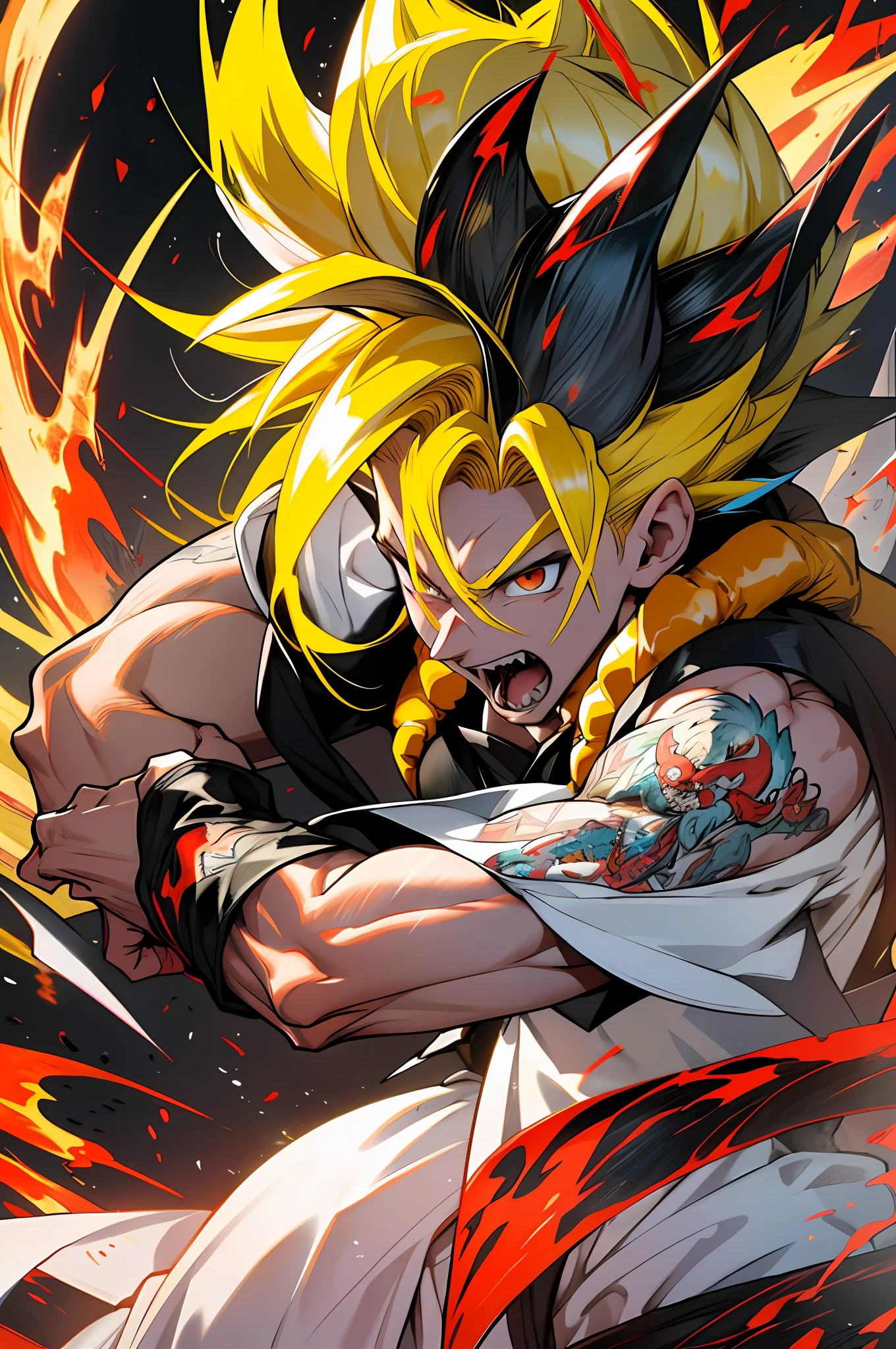 Ultra Supersayajin, diamond yellow colored hair and red eyes with black pencil painted around it, white clothing with dragon tatoon print, good open screaming, fighting with much fury against enemy, scenery in heaven and earth