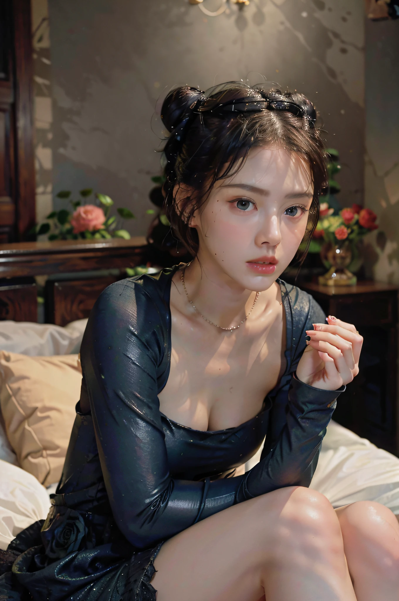 (space_buns_hairstyle:1.3), in which women pose for pictures, bare legs, and dress elegantly,
Good Hand, 4k, High Resolution, Masterpiece, Best Quality, Head: 1.3, ((Hasselblad Photography)), Fine Skin, Clear Focus, (Cinematic Lighting), Night, Soft Lighting, Dynamic Angle, [:( Detail: 1.2): 0.2], ((On a Bed of Roses))),