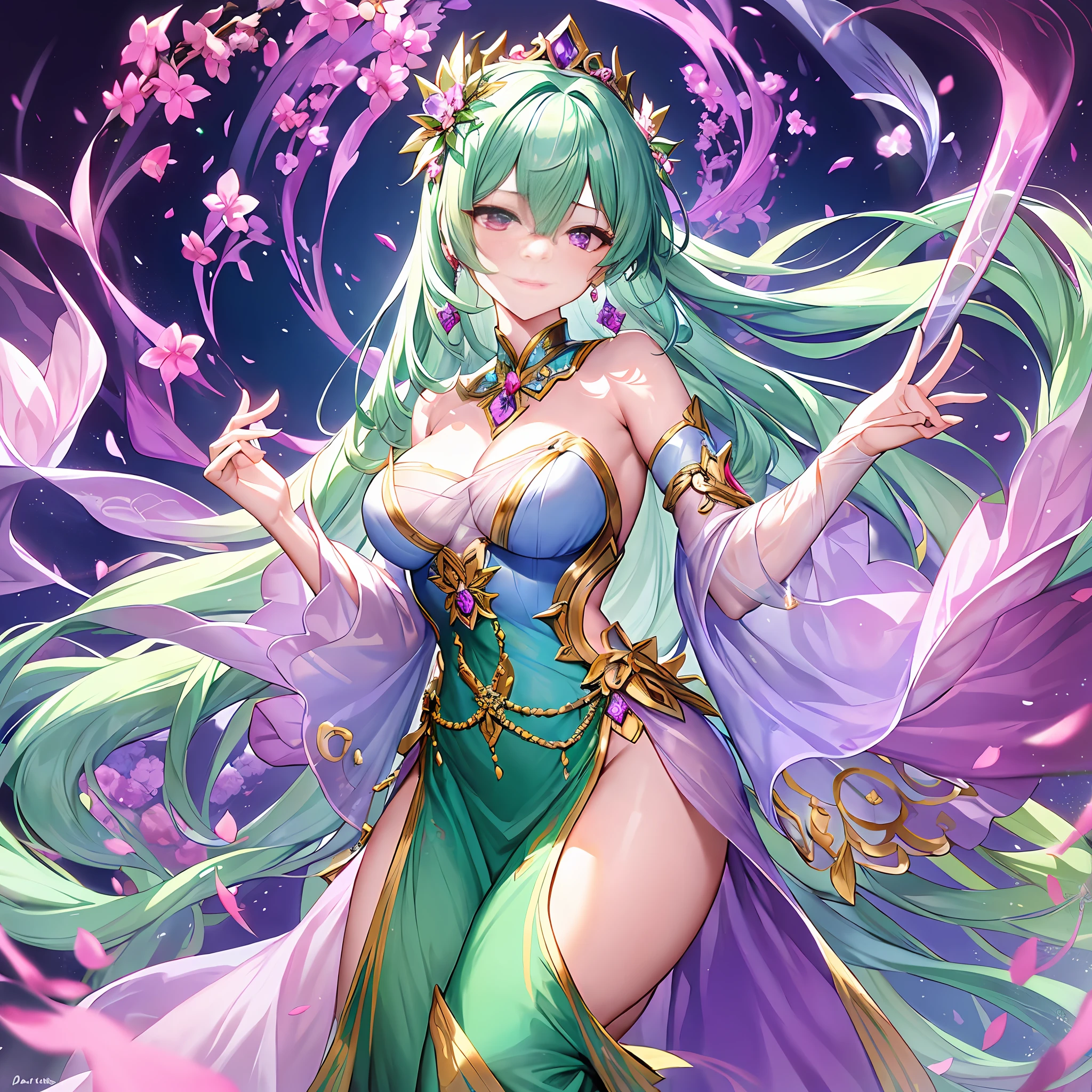 The Fairy Jade Emperor is a beautiful and moving woman, her face is light and beautiful, and she can even be said to be a fairy-like existence. Her long hair was silky and smooth, shining with a silver glow, making it difficult to look away. She wore a gorgeous purple long dress, embellished with countless brilliant fairy jade, like a heavenly woman. In her hand is a fairy sword carved from white jade, and the hilt is inlaid with purple gemstones that echo the long skirt, full of mystery. At this moment, she may be dancing her long skirt in the fairyland, wielding the fairy sword, showing her elegance and spirituality as a female emperor.