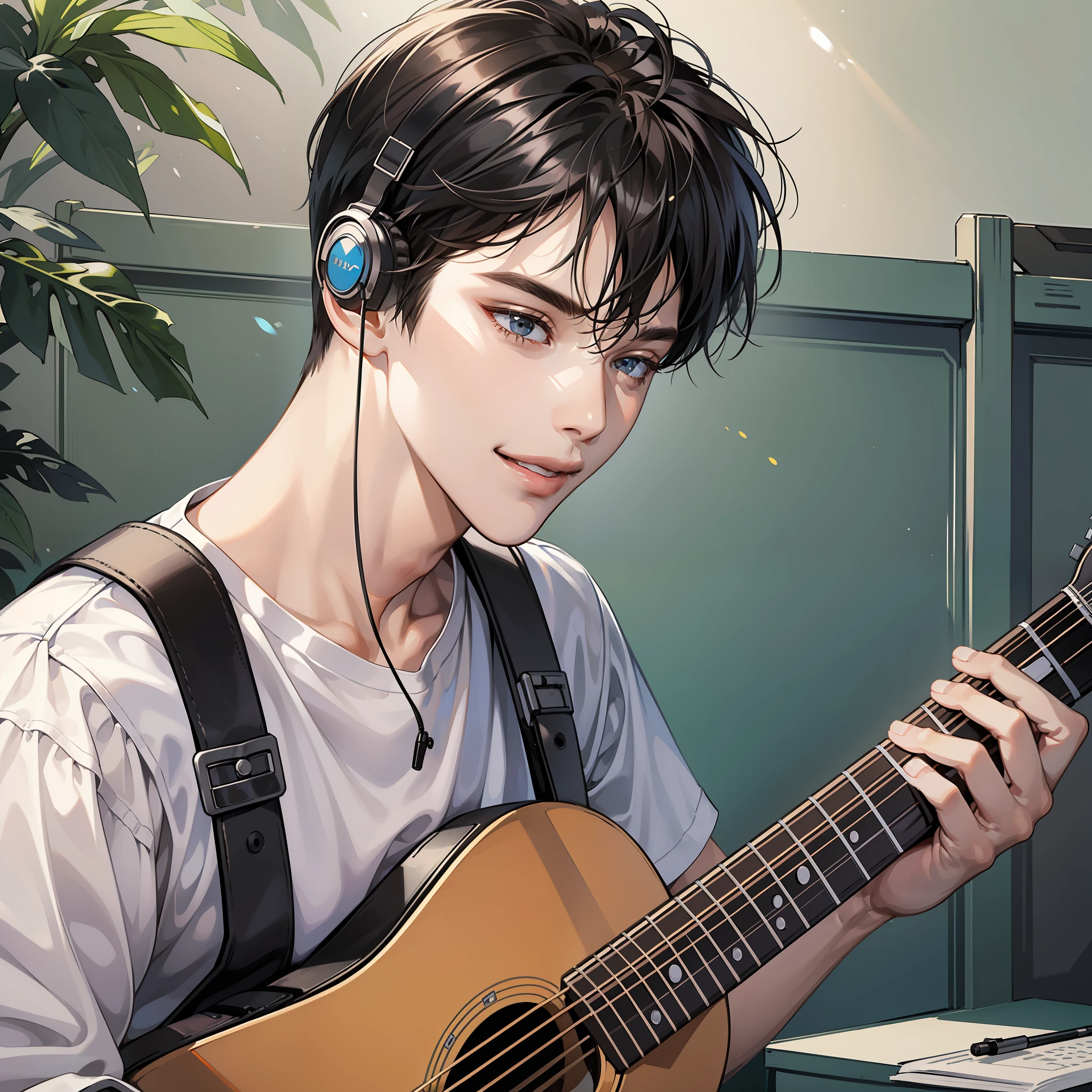 Masterpiece, high quality, best quality, HD, realistic, perfect lighting, detailed face, detailed body, 1 man, short black hair, white t-shirt, (smile flat: 1.5) (face calm: 1.5), computer screen, singing with guitar, with headphones