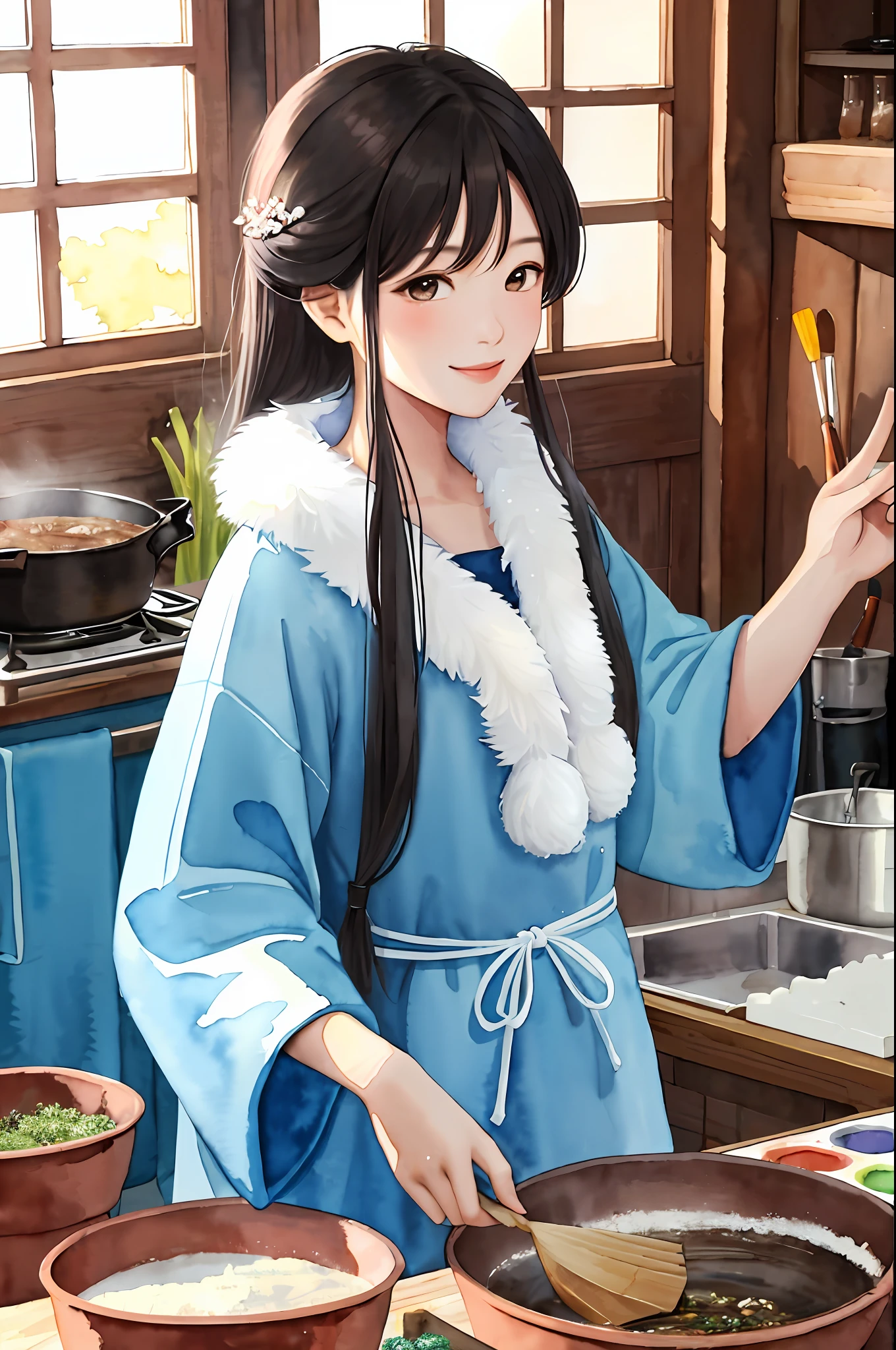 (Watercolor:1.4),(Masterpiece),(Best Quality),(Cinematic Light), Luxurious, 8k, Manufacturer Thailand detail, depth of field, cinematic lighting, young beautiful girl, skinny, muscle,long curly black hair, smile, china costume, traditional china style, field, tribe costume, under blue sky, farm, young, Traditional agriculture, mongol tribe costume, shepherd, snow field, tundra, cold, winter, winter clothes, hill tribe costume, fur sleeve, fur neck, chinese costume, livestock raising, cooking, gardening, folk girl