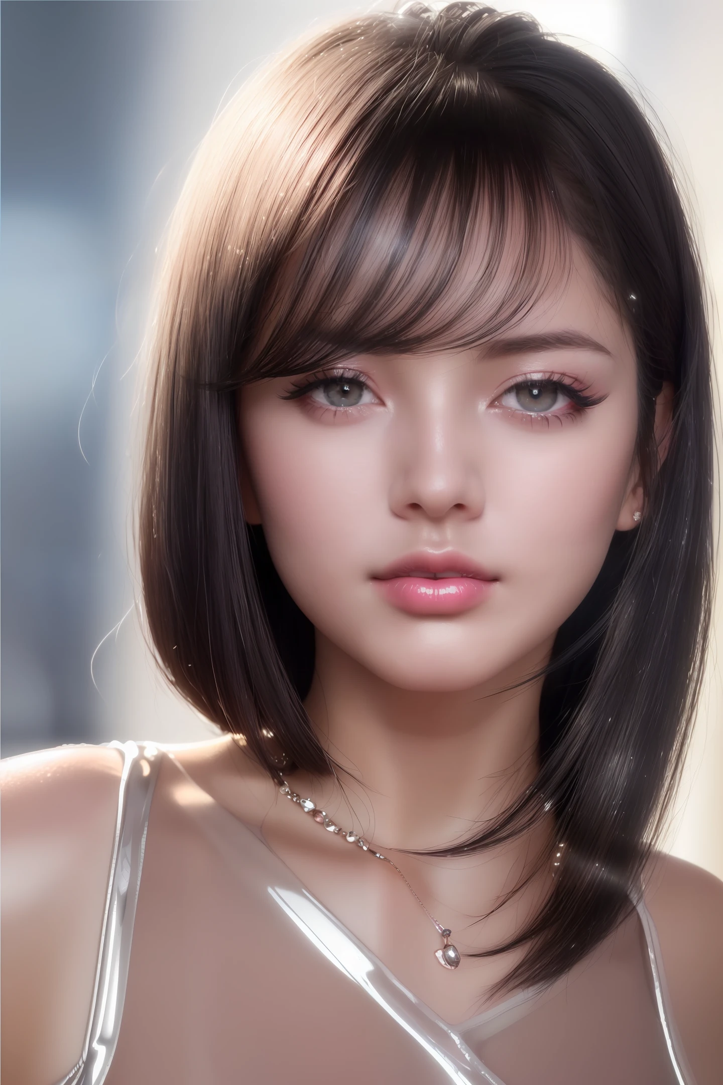8k, RAW Photo, Photorealistic: 1.25), (Lip Gloss, Eyelashes, Glossy Face, Glossy Skin, Best Quality, Ultra High Resolution, Depth of Field, Chromatic Aberration, Caustics, Moisturized Lips, Ultra-Trimmed Face, Radiant Detailed Eyes, Black Hair, Semi-Long, Fashionable, Tight Knit Dress, Sheer