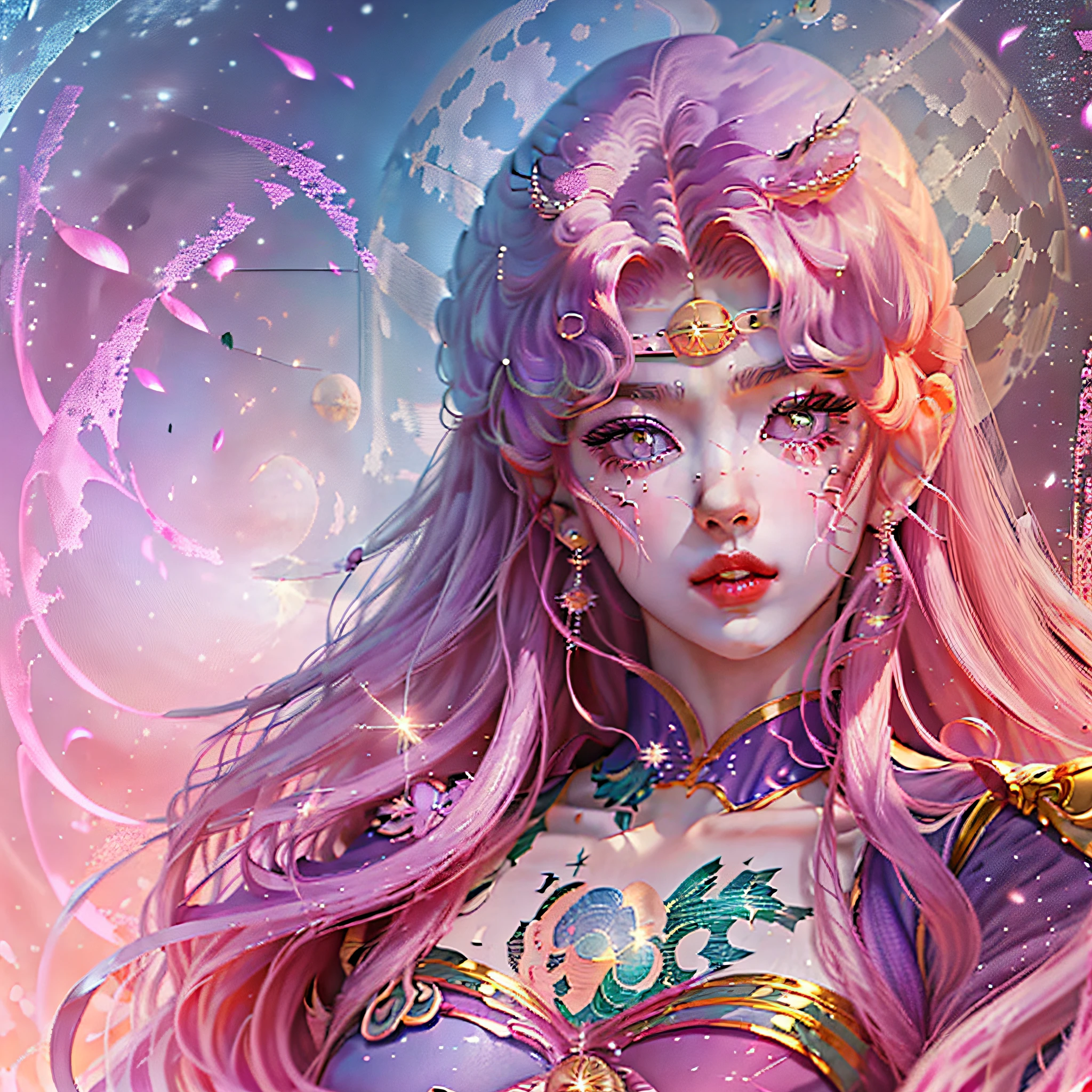 (Drawing style anime, character close-up, beautiful girl with long hair, purple dress, highlighting facial structure) + (background: big moon) + (full body portrait, Guvez art style, 8K, 12 zodiac female knights) + (4K anime manga style, Sailor Moon) + (beautiful depiction, super detailed art details, Guvez art style)