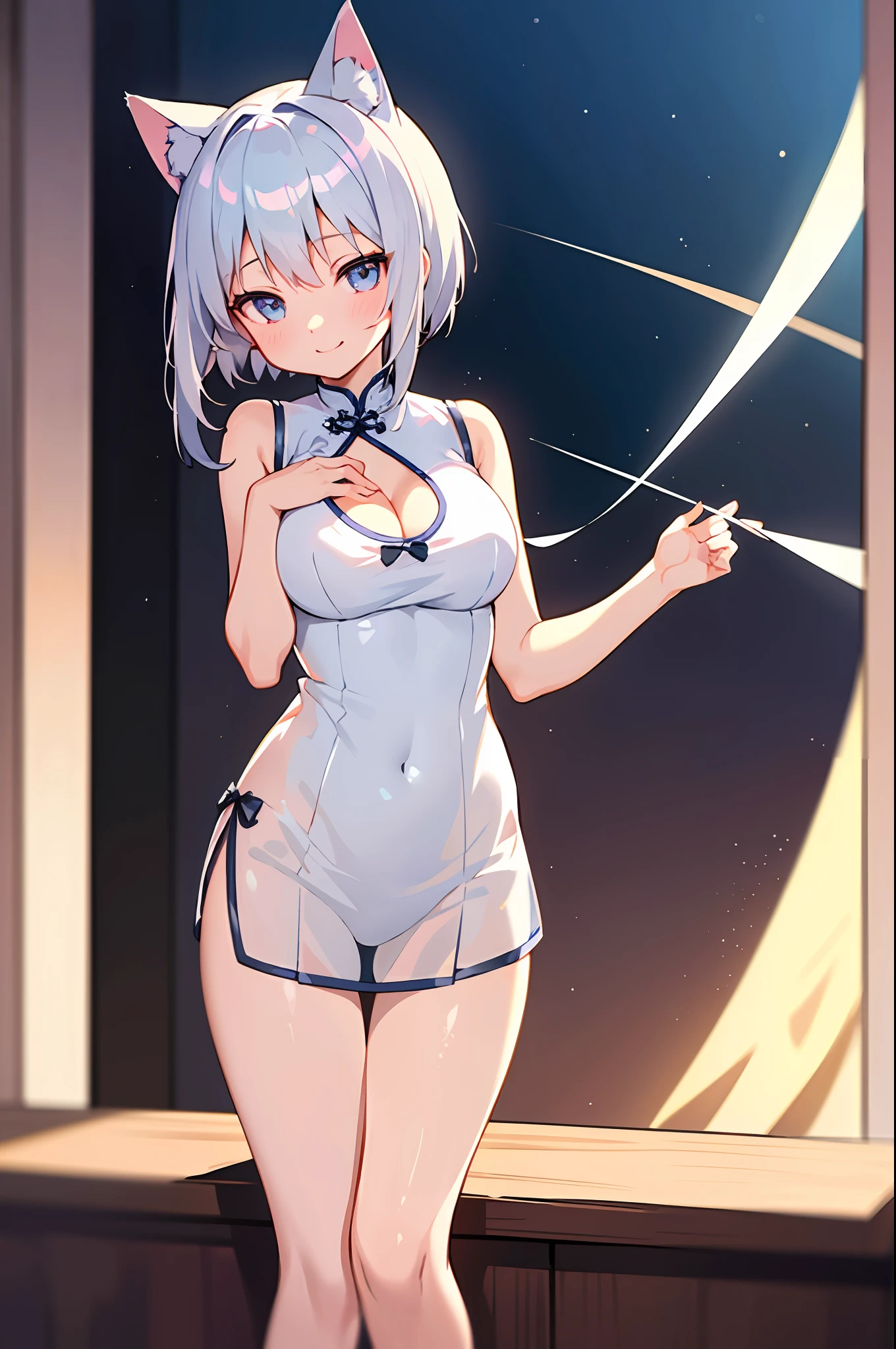 Masterpiece, Top Quality Anime Illustration, Super Detail, One Girl, Solo, Beautiful Girl with Silver Hair, Anime , Cat Ear Lolie-through Cheongsam in Light Color Night Color, Short Cheongsam, Sleeveless, Smile, Bare Skin Side Breast, Thigh Focus, Cleavage Enhancement, Hot Spring