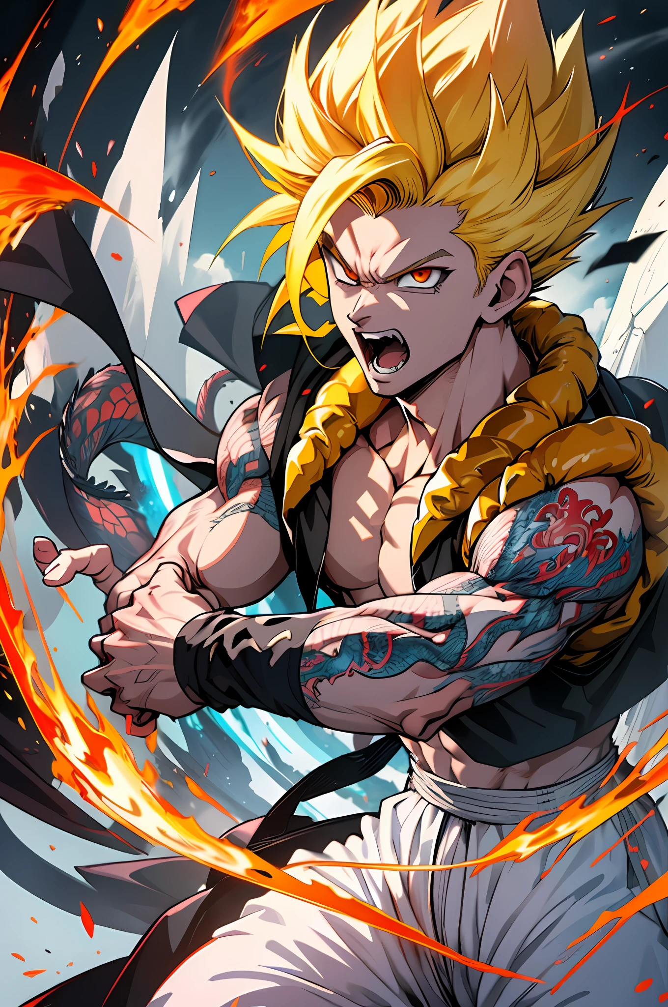 Ultra Supersayajin, diamond yellow colored hair and red eyes with black outlines painted around the eyes, white clothing with dragon tatoon print, good open screaming, fighting with much fury against enemy, scenery in heaven and earth