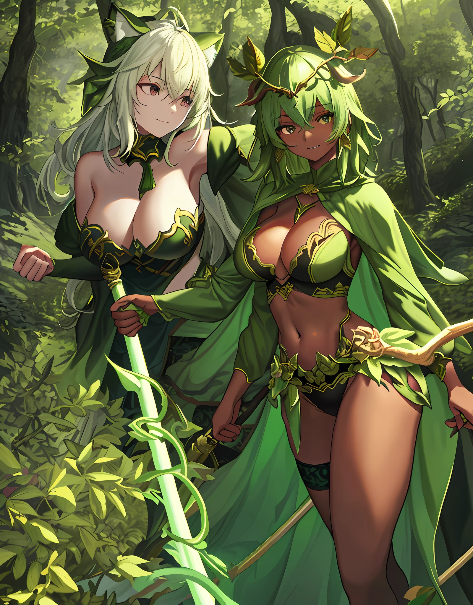 fantasy, 1forest_elemental_girl, fighting, (using_leaves_clothes, green_leaves_covered_breasts, leaves_covered_pussy)+++,medium_breasts,dynamic_pose_standing, light_smile, sleepy, medium_hair, navel,(dark_skin)+, oil, (winding_vine_around_torso)++, plump,forest, trees_background, leaves_headgear, green_leaves_cape, hold_large_long_staff, thighhighs,