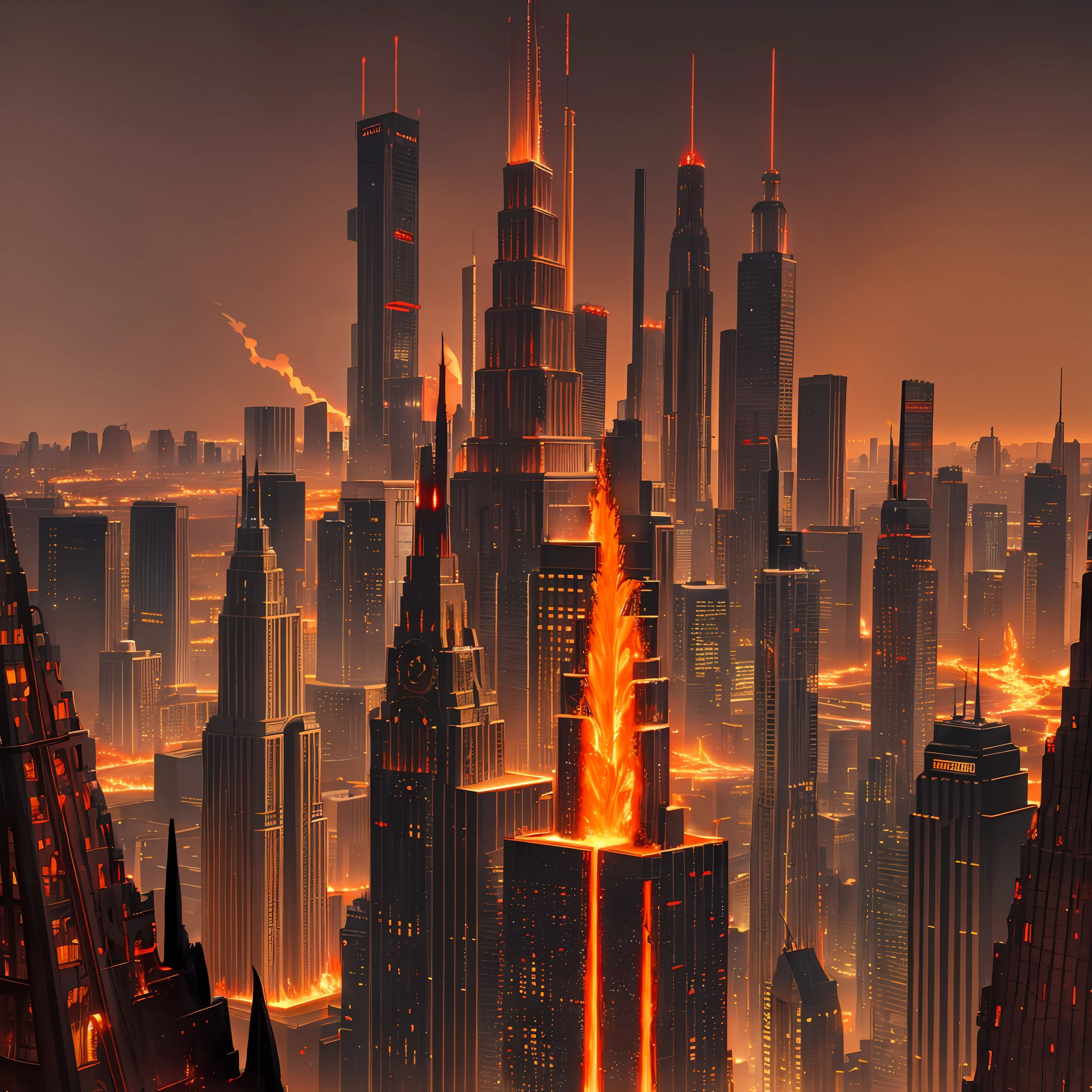 Metropolis, hell, hell, everything is red, demons are flying, lava is everywhere, there is a city in hell, skyscrapers are in hell, lava is flowing from skyscrapers, in great detail, best quality, ultra 8k, as detailed as possible