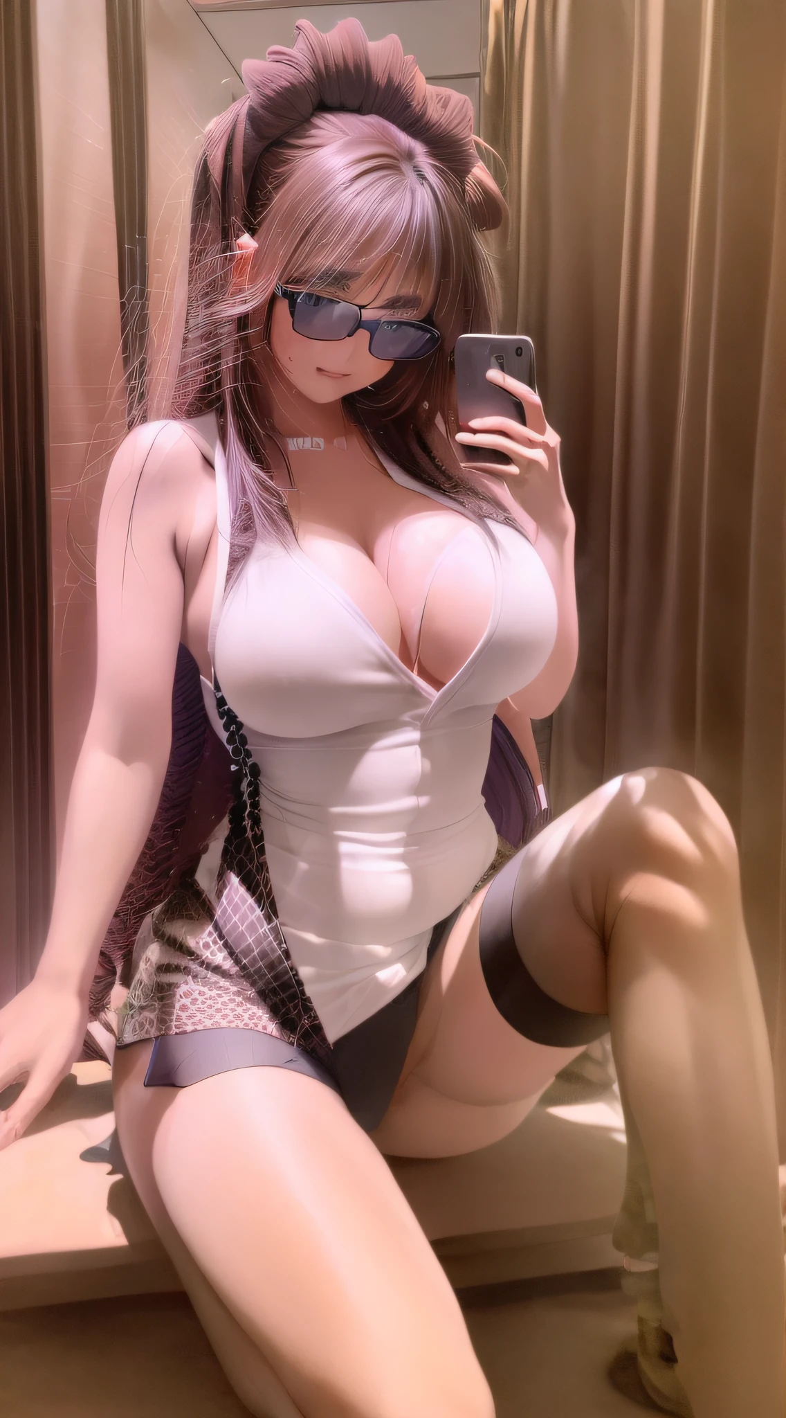 1girl, 8k, raw photo, best quality, masterpiece, realistic, photo realistic, masterpiece, best quality, high resolution, korean woman, big eyes, long purple hair, black glasses, bare shoulders, big breasts, black nurse uniform, slender legs,