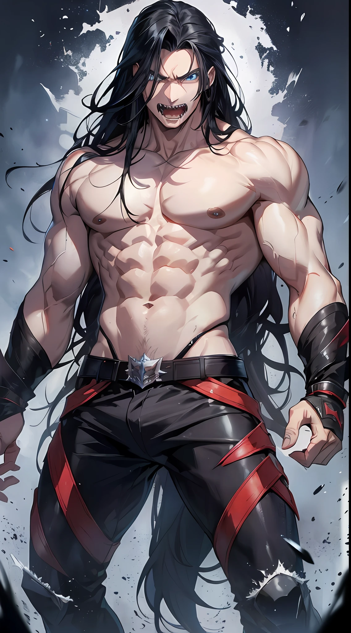 Tall guy, long black hair, blue eyes, muscles, sharp teeth, fierce scream, masterpiece, high quality